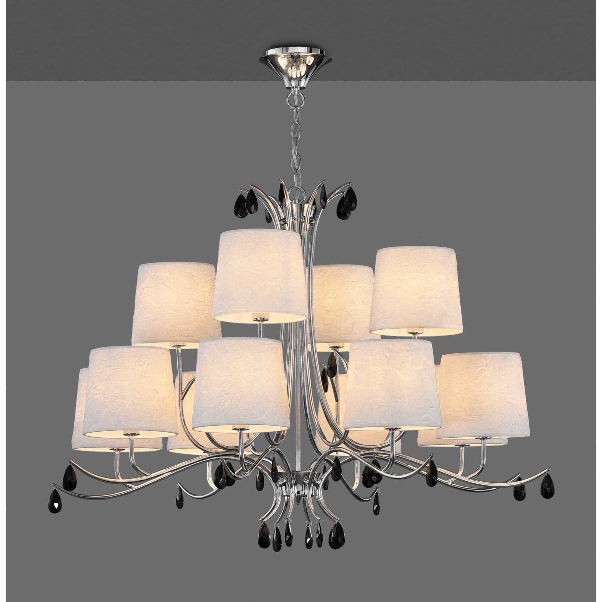 M6310 Andrea Pendant 100cm Round 12 Light Polished Chrome White Shades Black Crystal Droplets