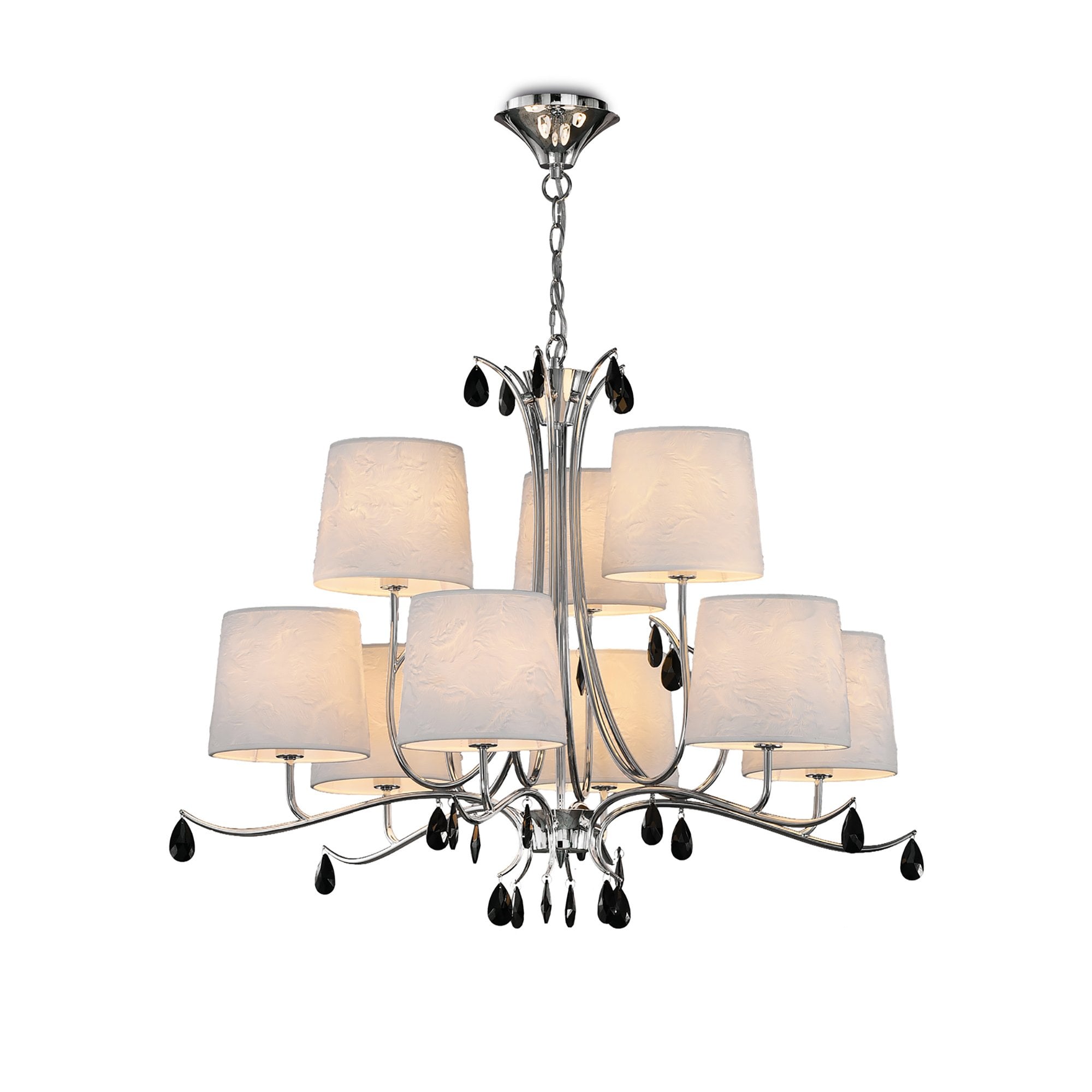 M6311 Andrea Pendant 88cm Round 9 Light Polished Chrome White Shades Black Crystal Droplets