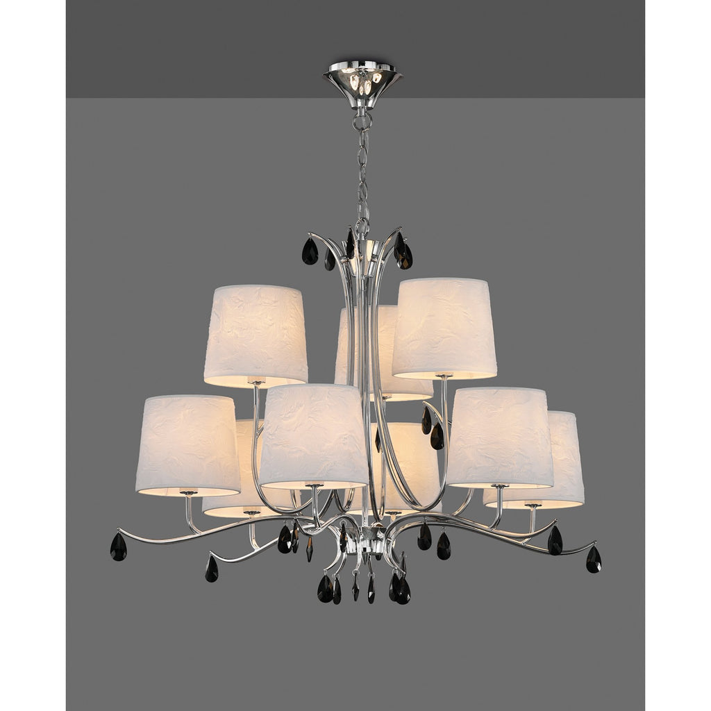 M6311 Andrea Pendant 88cm Round 9 Light Polished Chrome White Shades Black Crystal Droplets