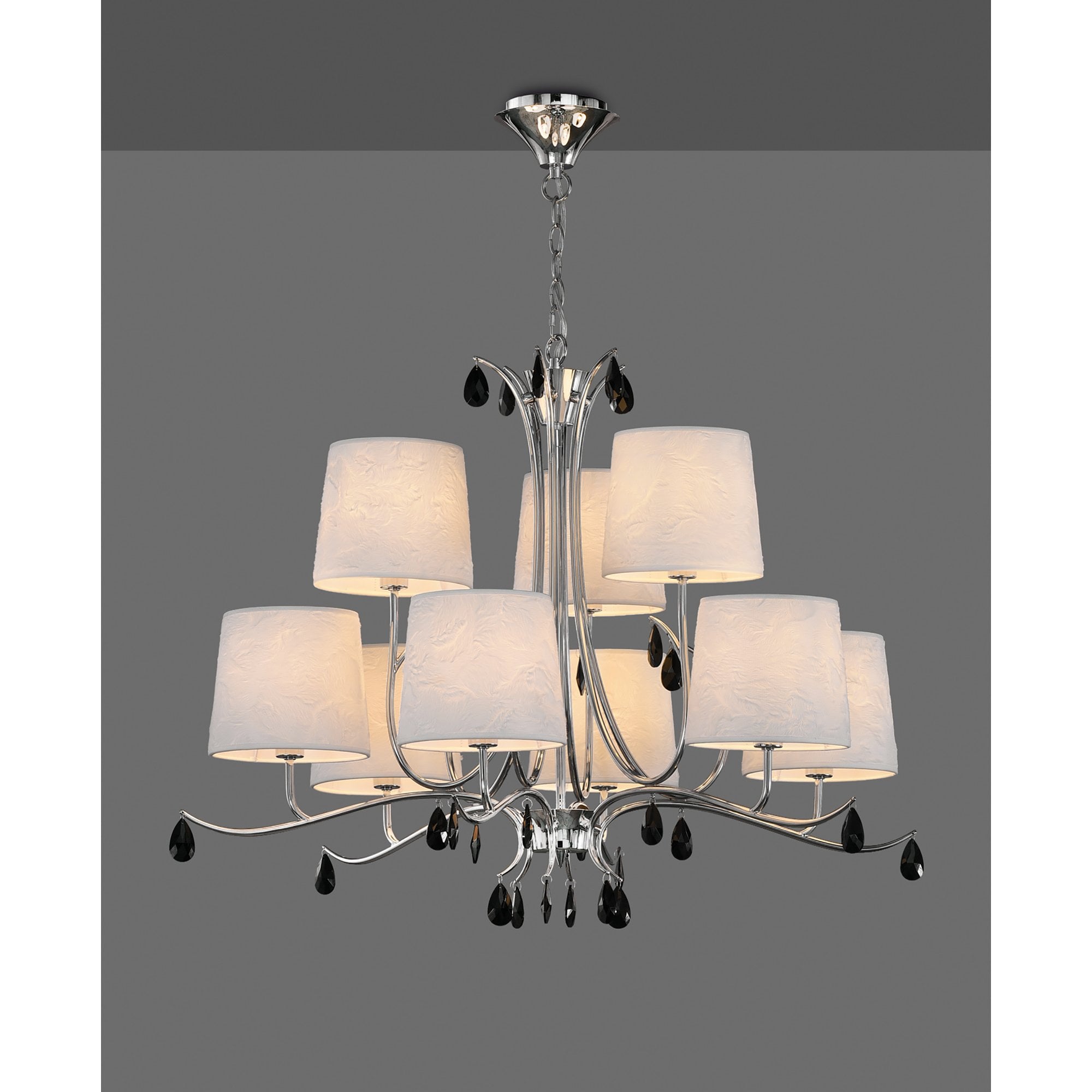 M6311 Andrea Pendant 88cm Round 9 Light Polished Chrome White Shades Black Crystal Droplets