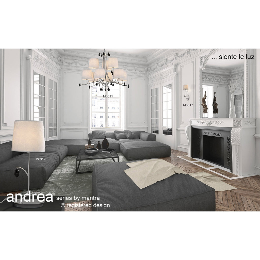 M6311 Andrea Pendant 88cm Round 9 Light Polished Chrome White Shades Black Crystal Droplets