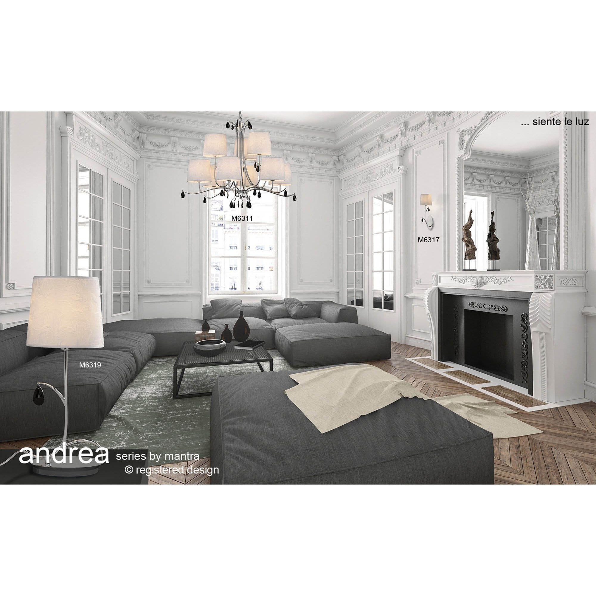 M6311 Andrea Pendant 88cm Round 9 Light Polished Chrome White Shades Black Crystal Droplets