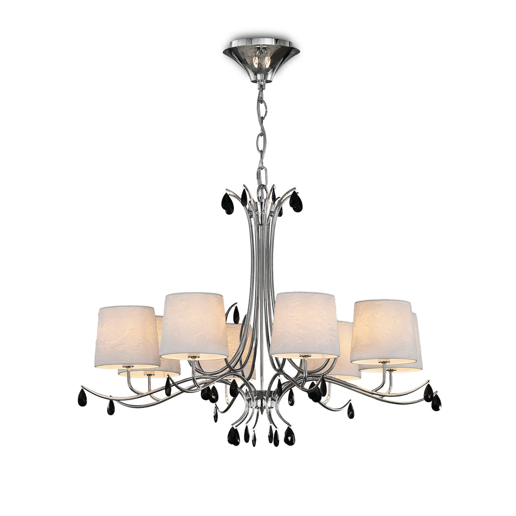 M6312 Andrea Pendant 100cm Round 8 Light Polished Chrome White Shades Black Crystal Droplets