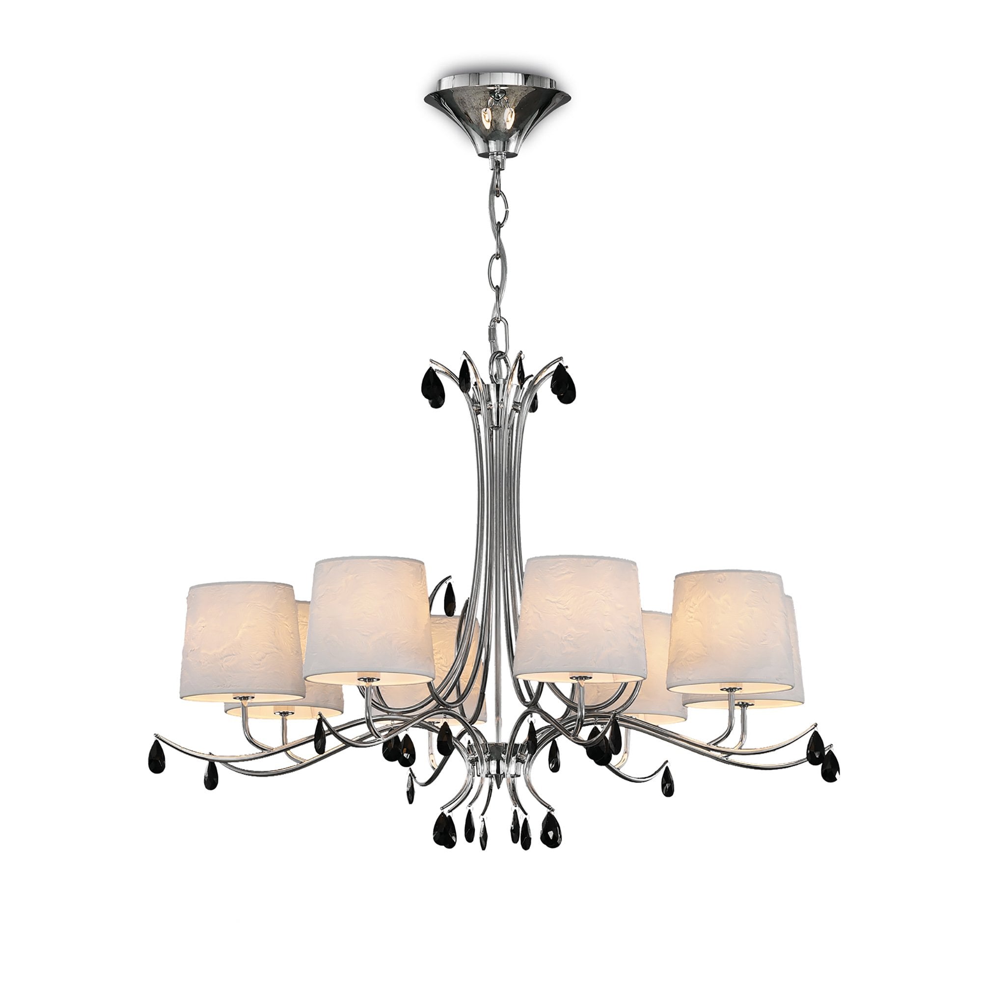 M6312 Andrea Pendant 100cm Round 8 Light Polished Chrome White Shades Black Crystal Droplets