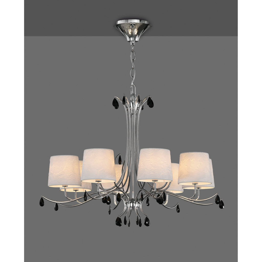 M6312 Andrea Pendant 100cm Round 8 Light Polished Chrome White Shades Black Crystal Droplets