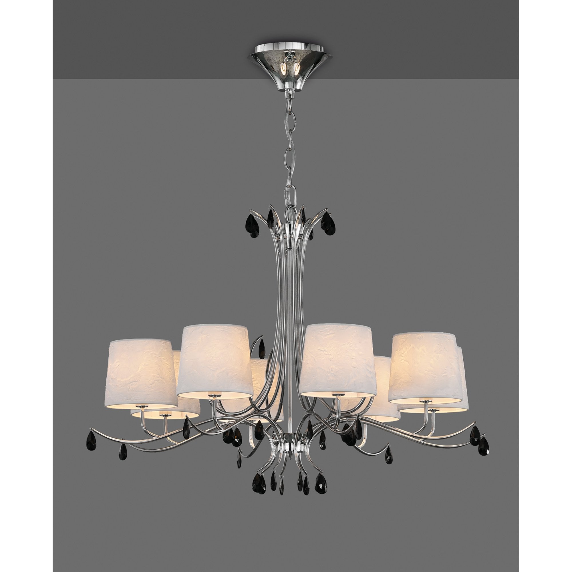M6312 Andrea Pendant 100cm Round 8 Light Polished Chrome White Shades Black Crystal Droplets