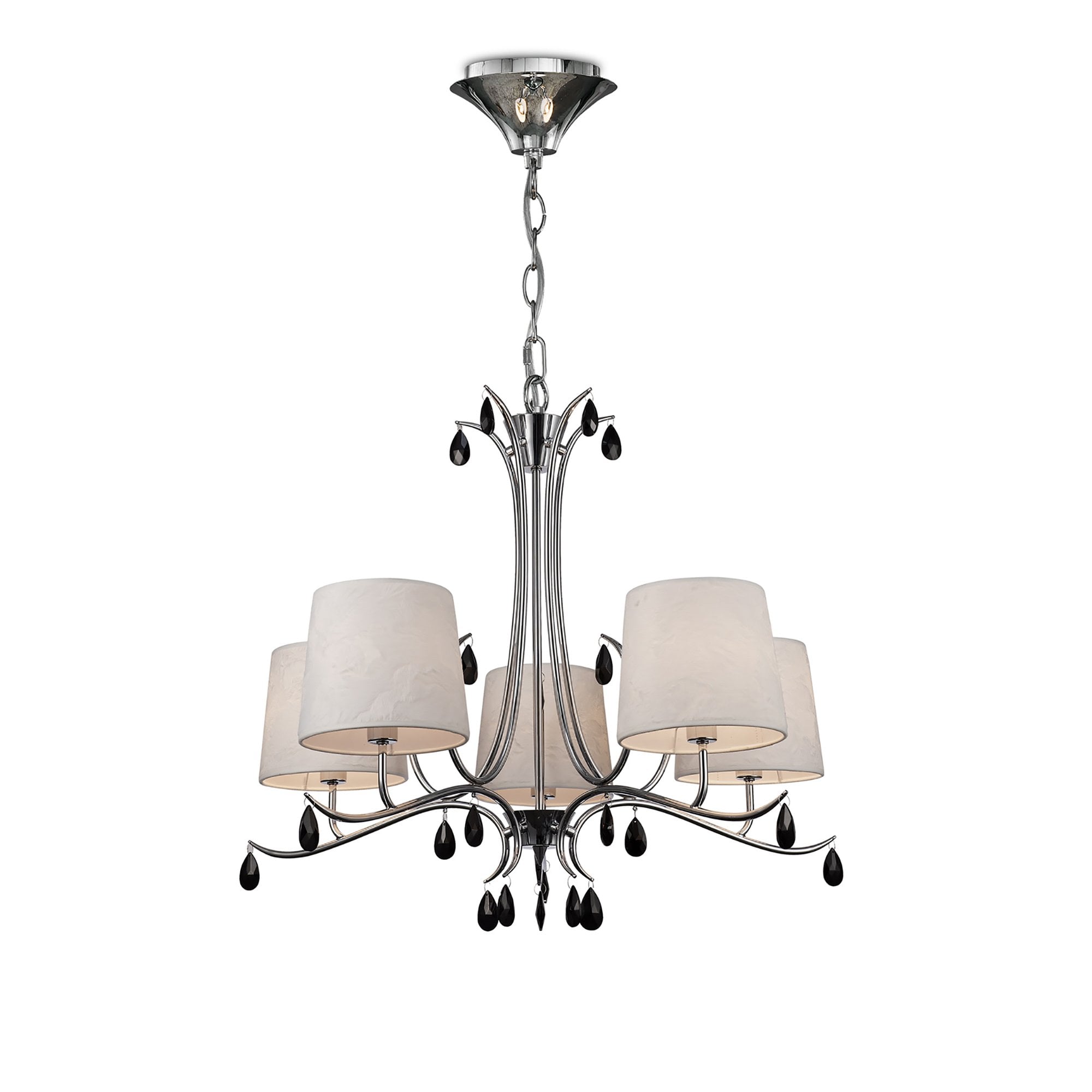 M6314 Andrea Pendant 81.5cm Round 5 Light Polished Chrome White Shades Black Crystal Droplets