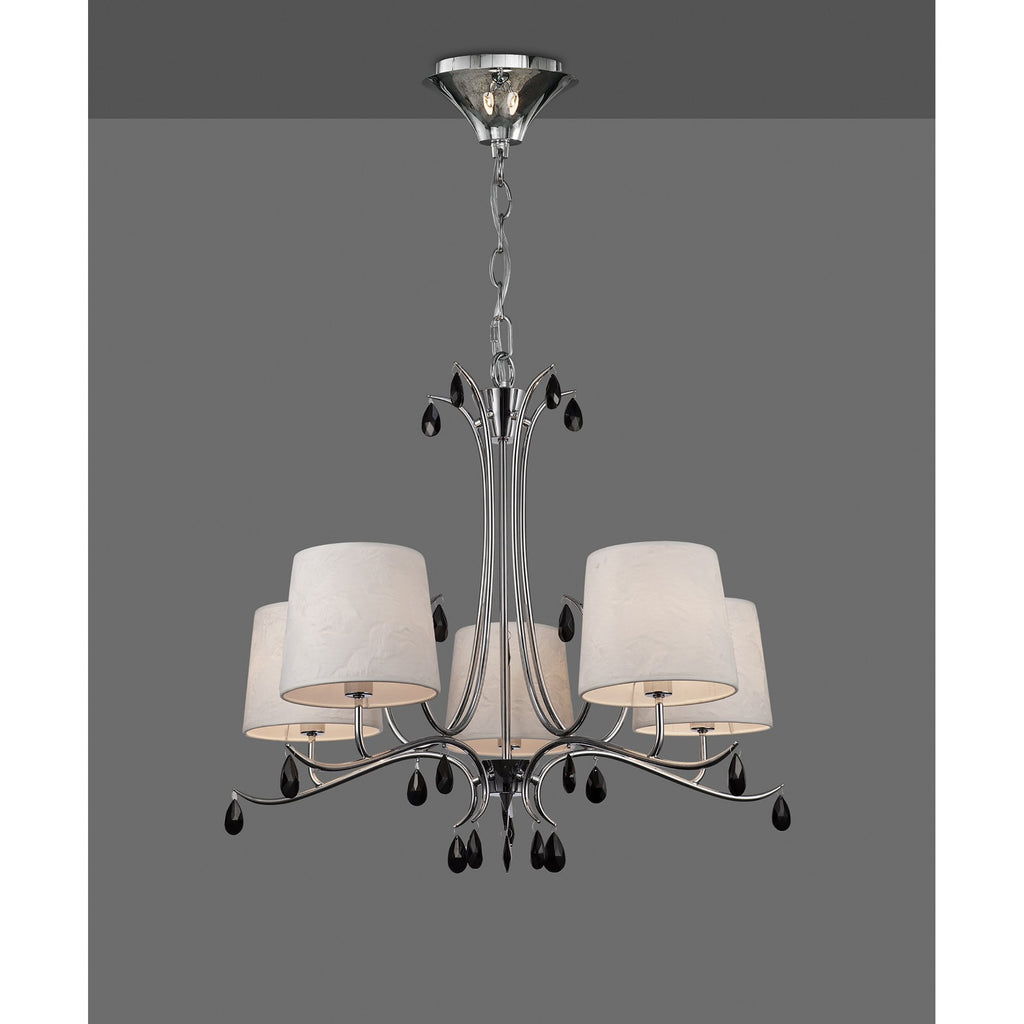 M6314 Andrea Pendant 81.5cm Round 5 Light Polished Chrome White Shades Black Crystal Droplets