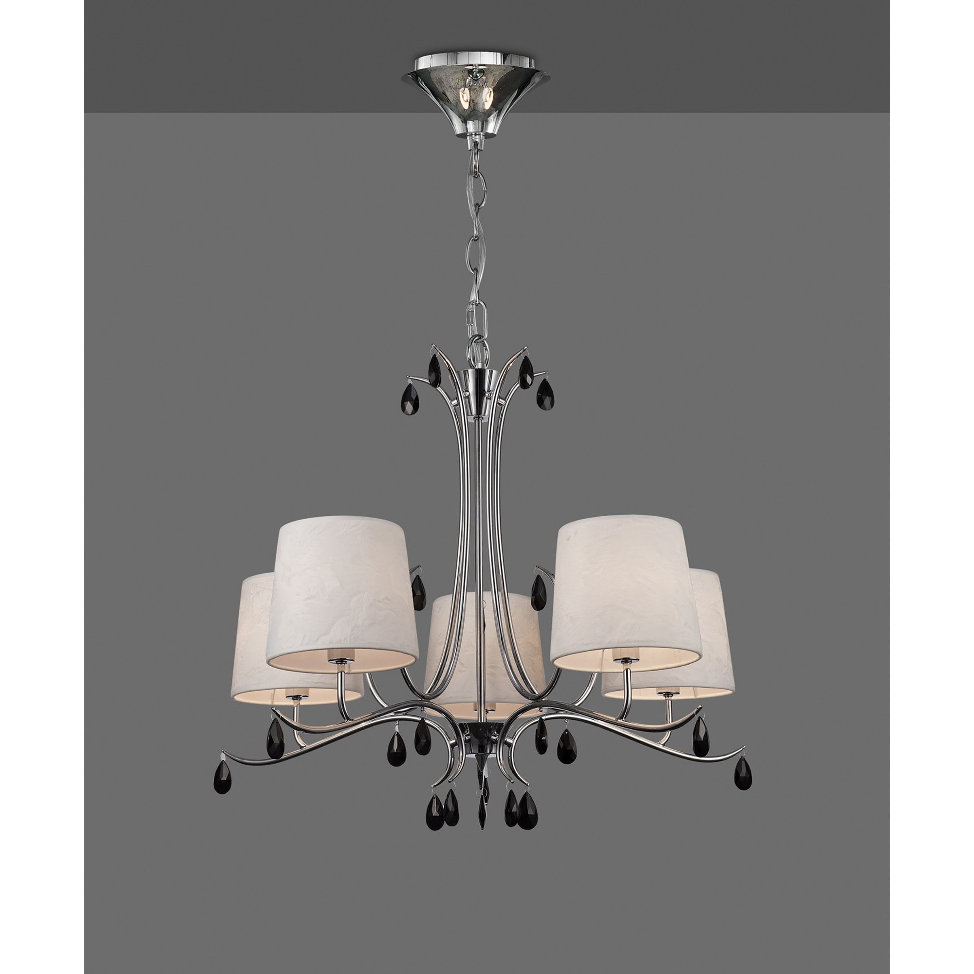 M6314 Andrea Pendant 81.5cm Round 5 Light Polished Chrome White Shades Black Crystal Droplets