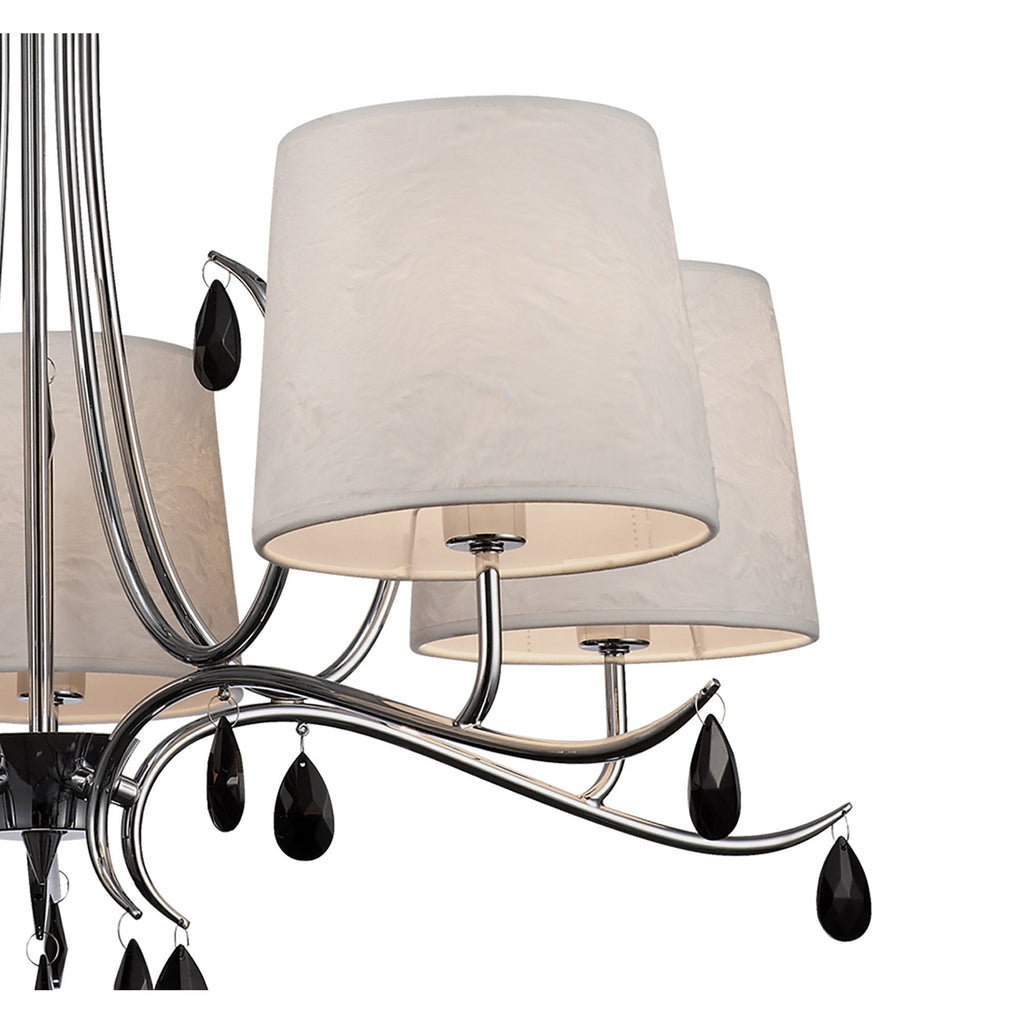 M6314 Andrea Pendant 81.5cm Round 5 Light Polished Chrome White Shades Black Crystal Droplets