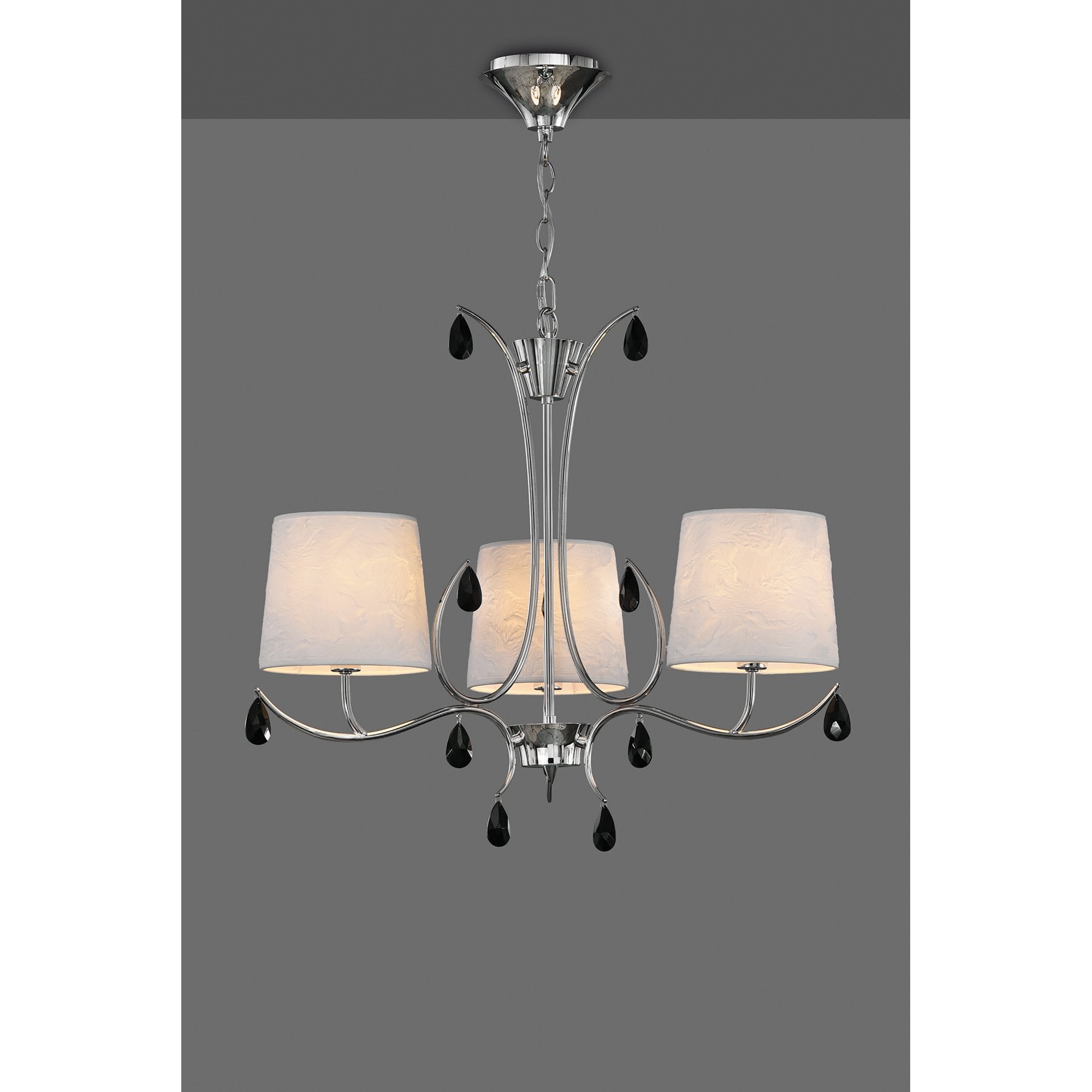 M6315 Andrea Pendant 67cm Round 5 Light Polished Chrome White Shades Black Crystal Droplets