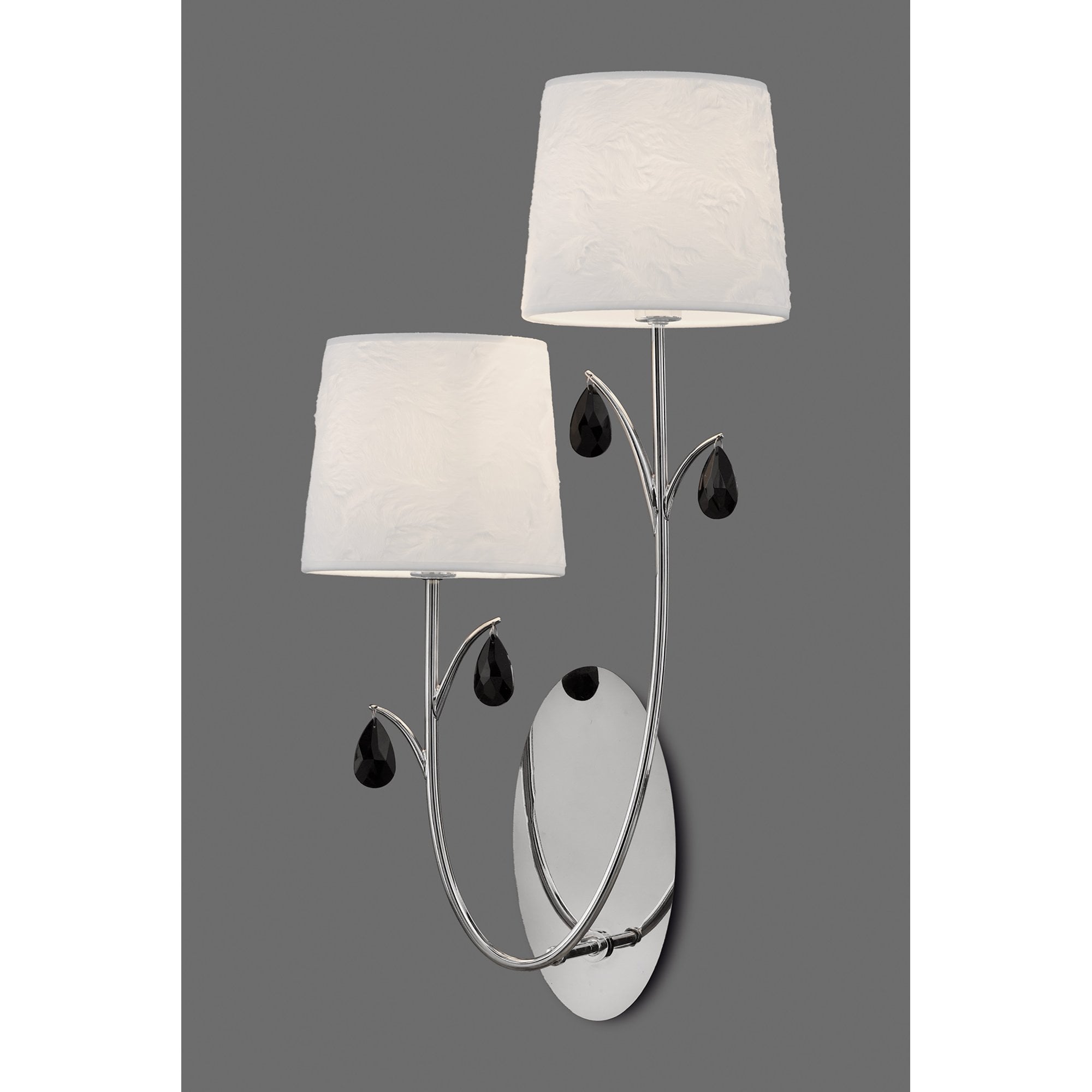 M6316 Andrea Wall Light 2 Light Polished Chrome White Shades Black Crystal Droplets