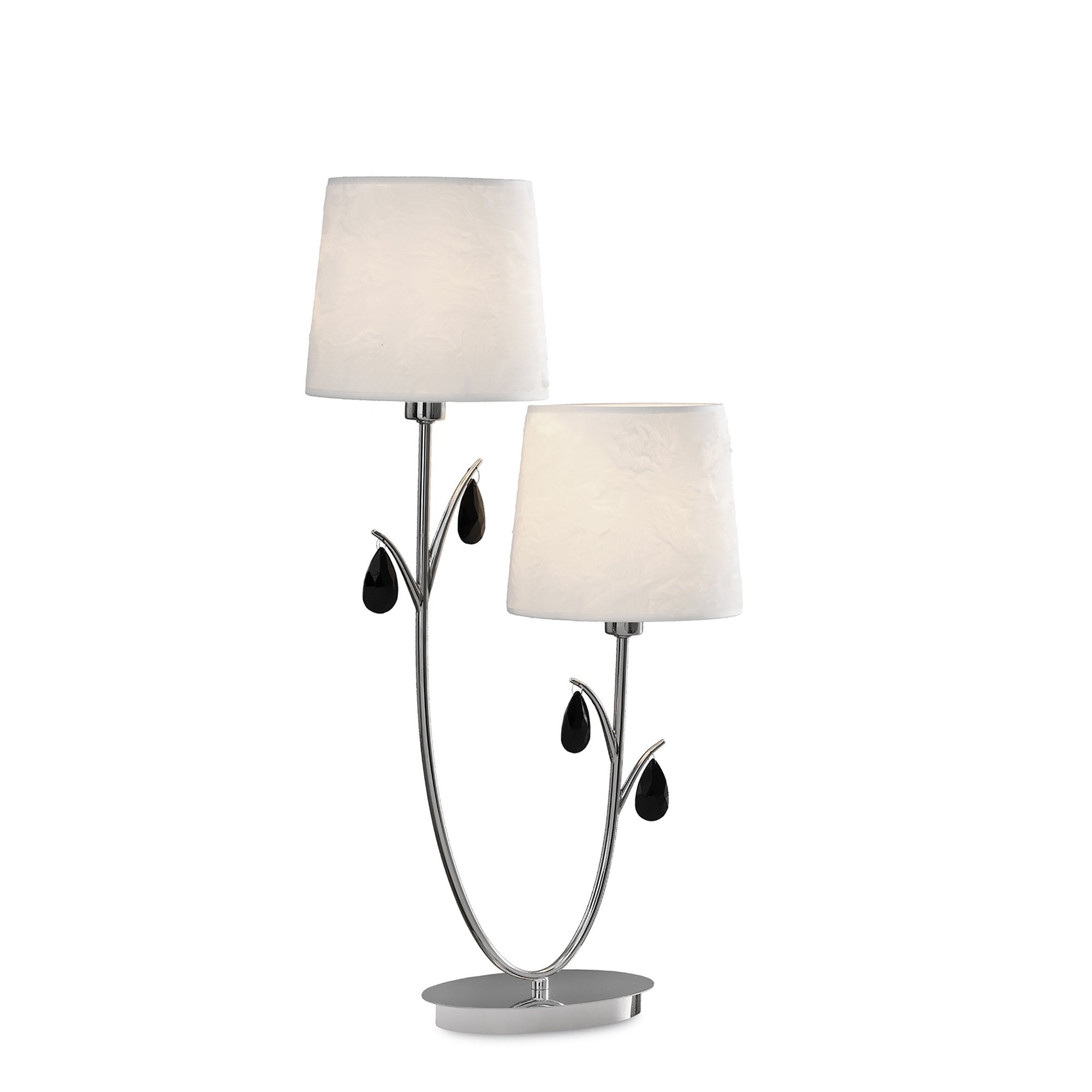 M6318 Andrea Table Lamp 63cm 2 Light Polished Chrome White Shades Black Crystal Droplets