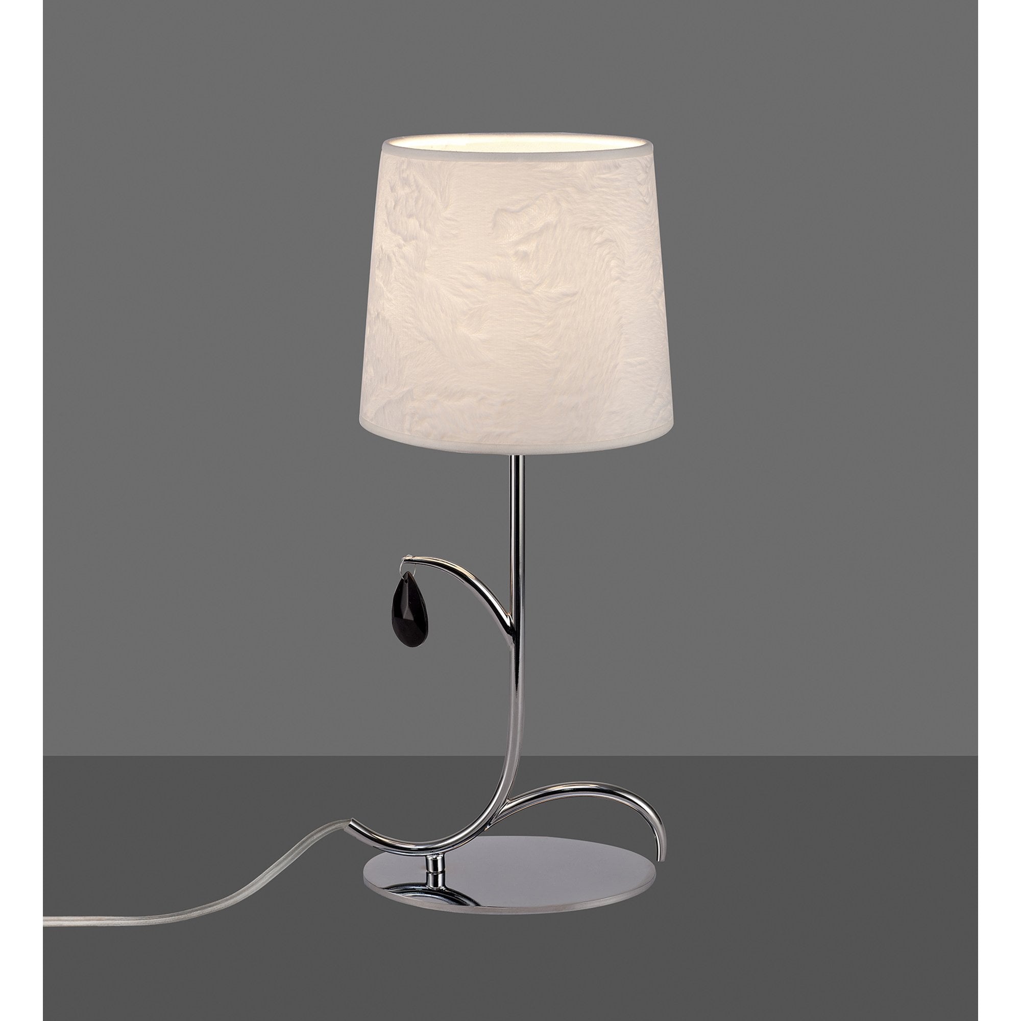 M6319 Andrea Table Lamp 45cm 1 Light Polished Chrome White Shades Black Crystal Droplets