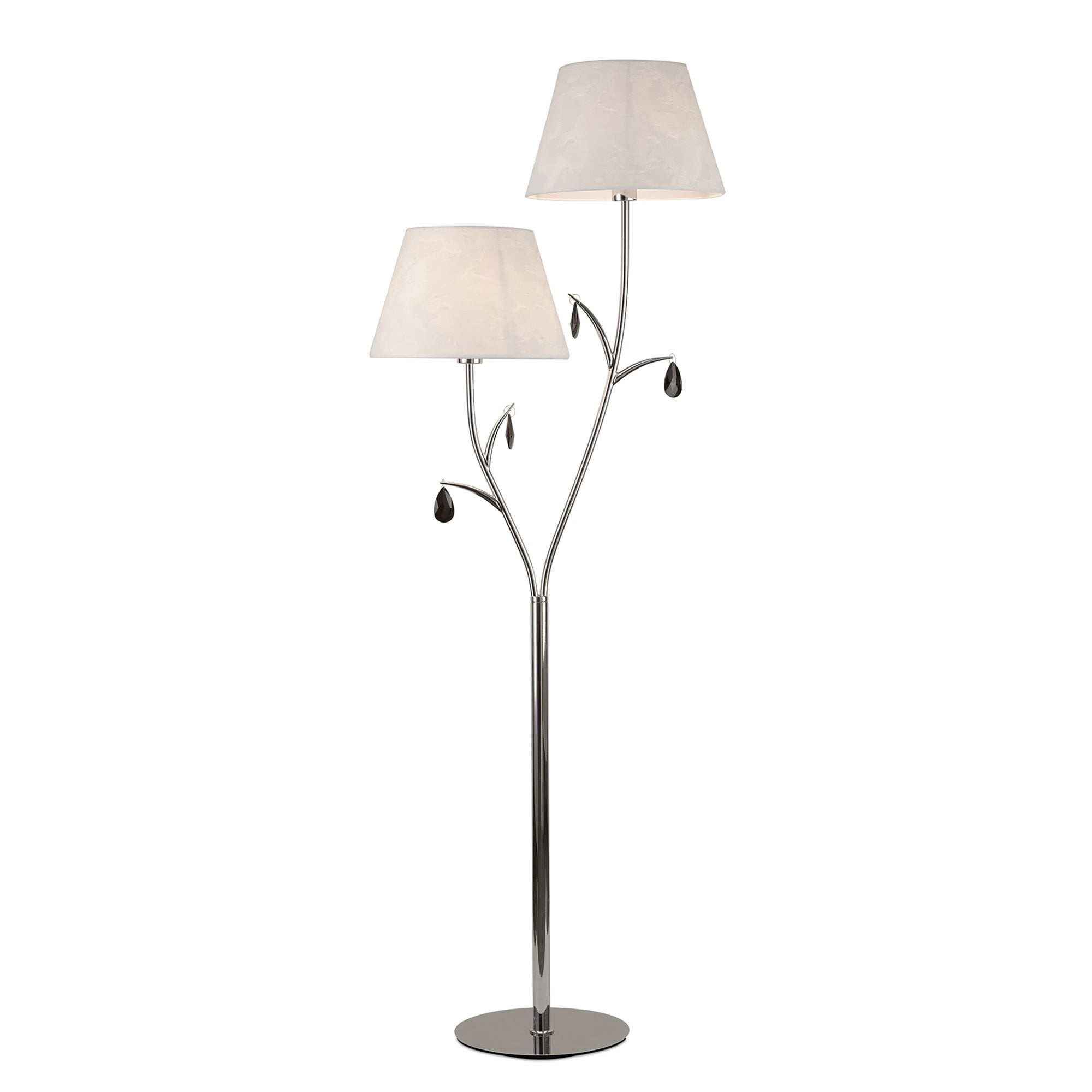 M6320 Andrea Floor Lamp 175cm 2 Light Polished Chrome White Shades Black Crystal Droplets
