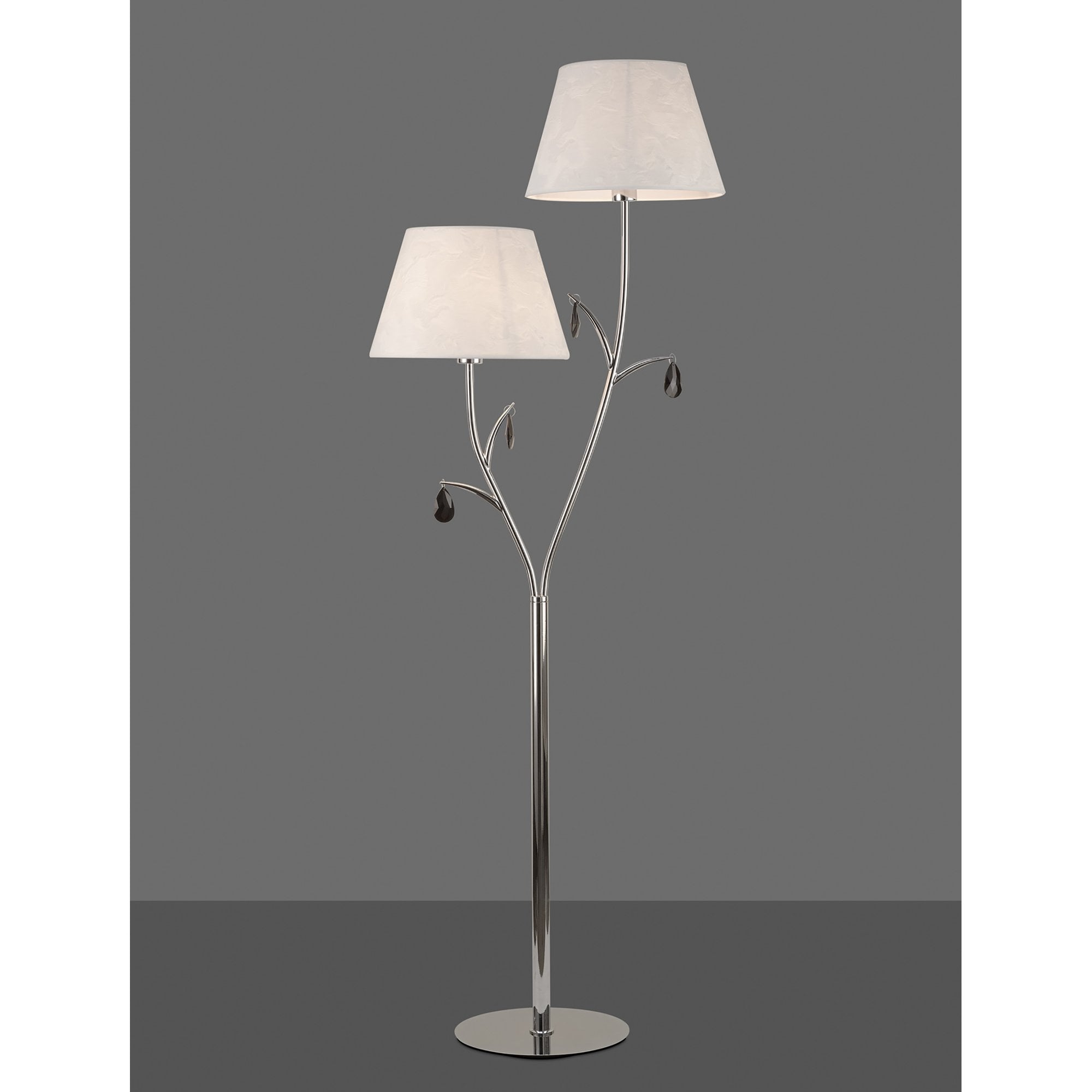 M6320 Andrea Floor Lamp 175cm 2 Light Polished Chrome White Shades Black Crystal Droplets