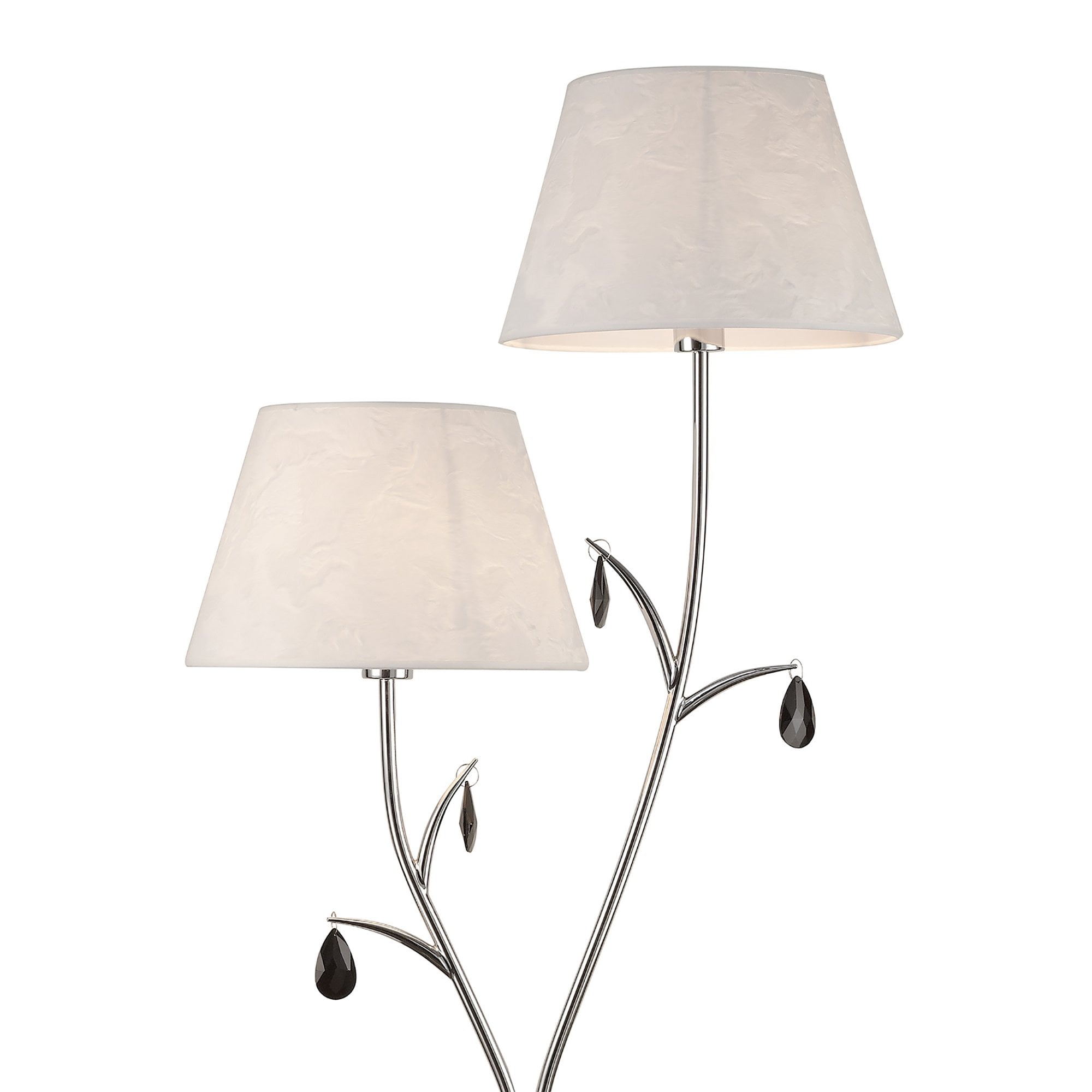 M6320 Andrea Floor Lamp 175cm 2 Light Polished Chrome White Shades Black Crystal Droplets