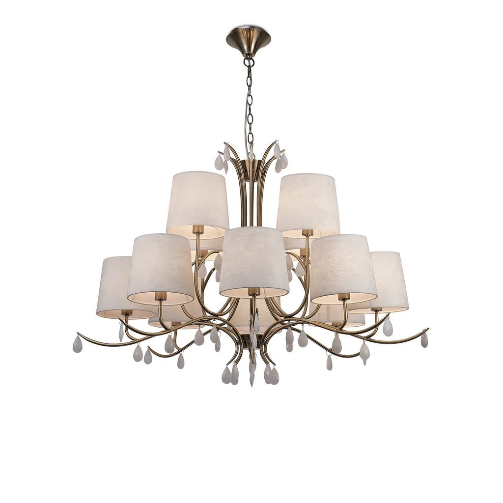 M6330 Andrea Pendant 100cm Round 12 Light Antique Brass White Shades White Crystal Droplets