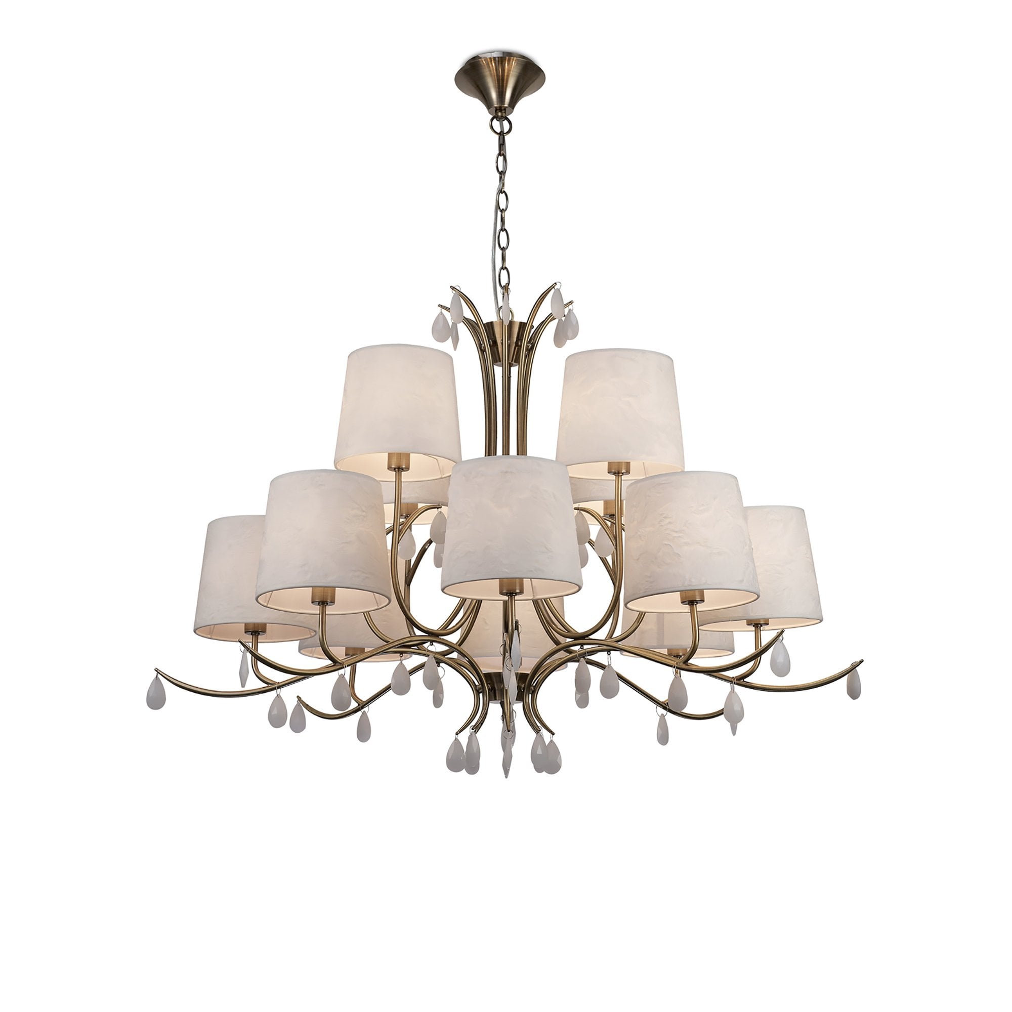 M6330 Andrea Pendant 100cm Round 12 Light Antique Brass White Shades White Crystal Droplets