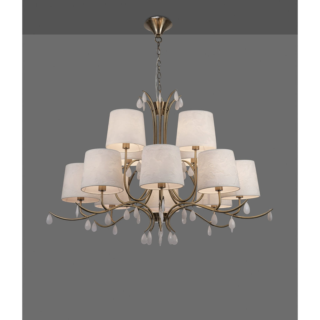M6330 Andrea Pendant 100cm Round 12 Light Antique Brass White Shades White Crystal Droplets