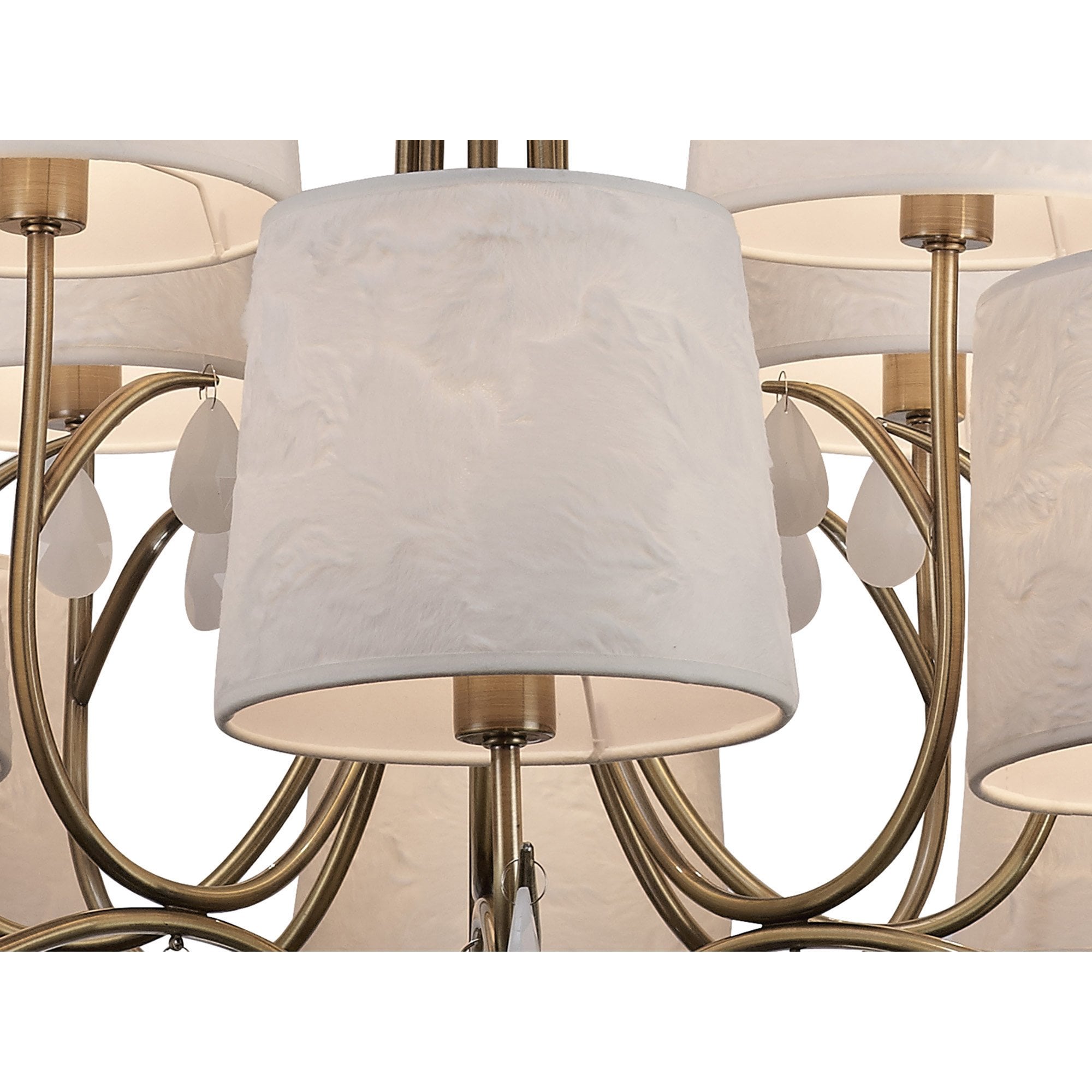 M6330 Andrea Pendant 100cm Round 12 Light Antique Brass White Shades White Crystal Droplets