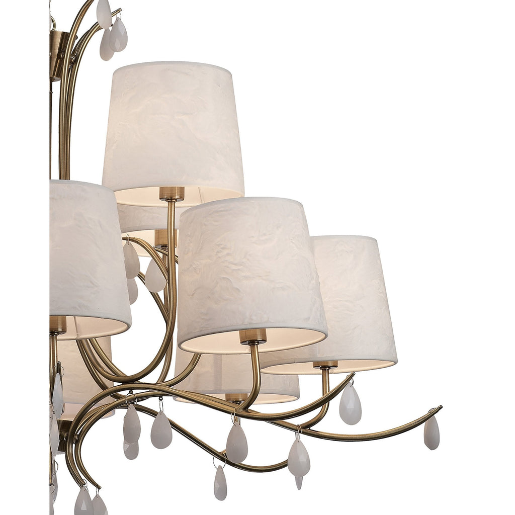 M6330 Andrea Pendant 100cm Round 12 Light Antique Brass White Shades White Crystal Droplets