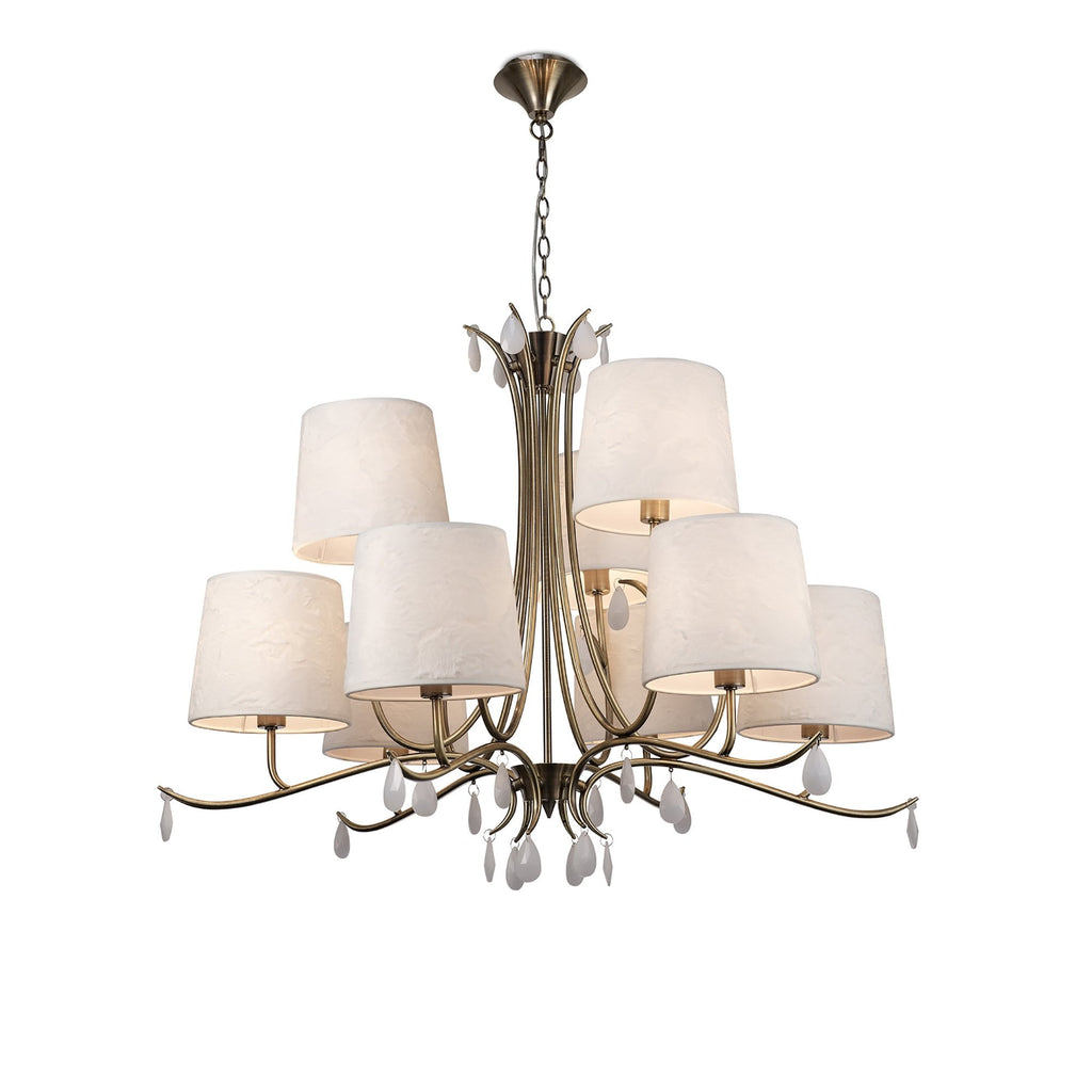 M6331 Andrea Pendant 88cm Round 9 Light Antique Brass White Shades White Crystal Droplets