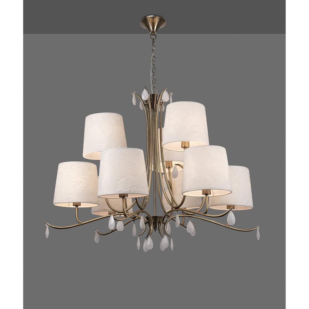 M6331 Andrea Pendant 88cm Round 9 Light Antique Brass White Shades White Crystal Droplets
