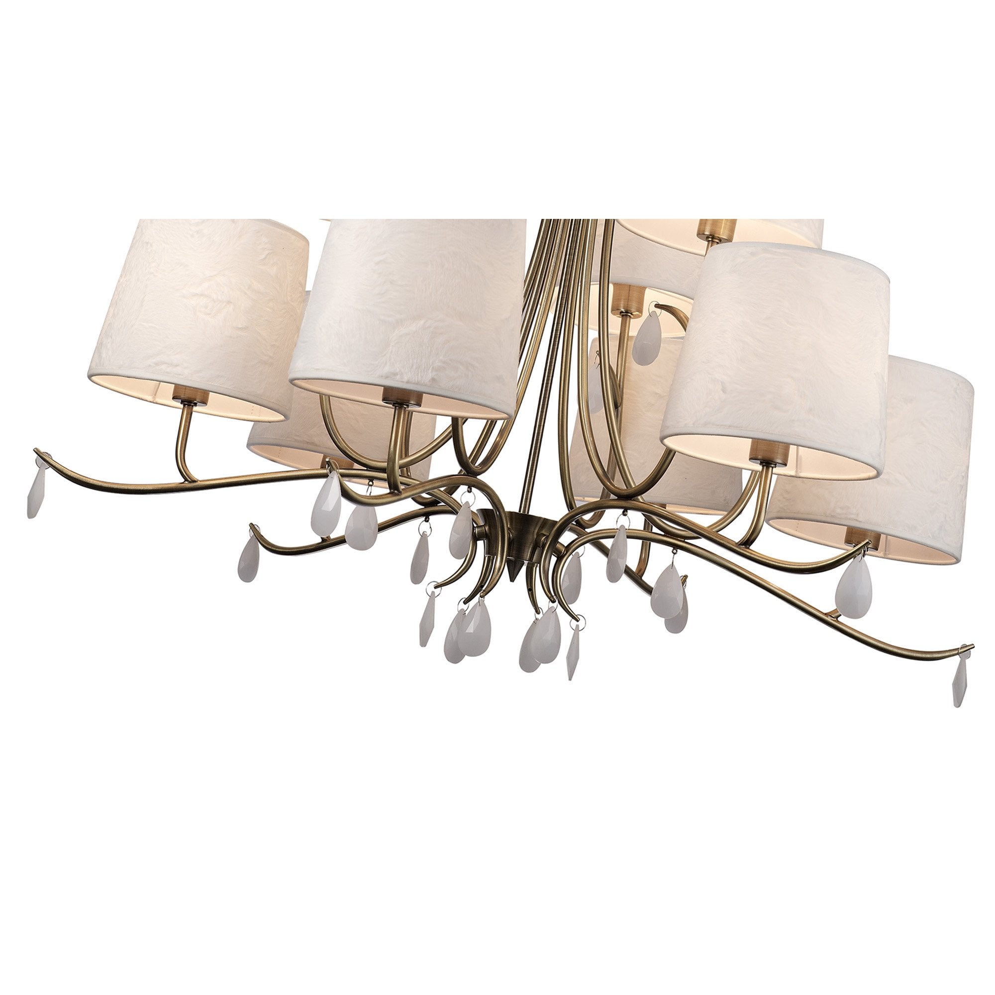 M6331 Andrea Pendant 88cm Round 9 Light Antique Brass White Shades White Crystal Droplets