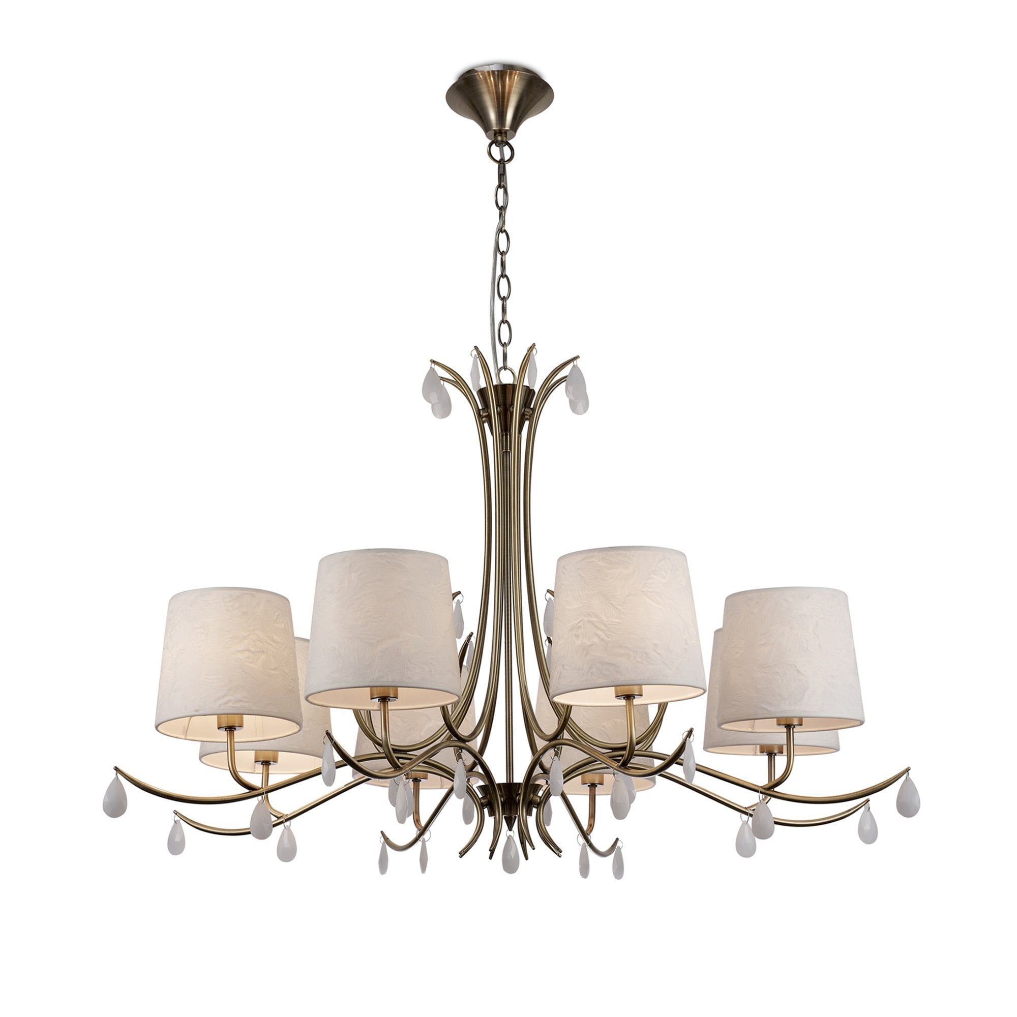 M6332 Andrea Pendant 100cm Round 8 Light Antique Brass White Shades White Crystal Droplets