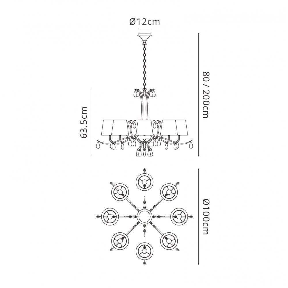 M6332 Andrea Pendant 100cm Round 8 Light Antique Brass White Shades White Crystal Droplets