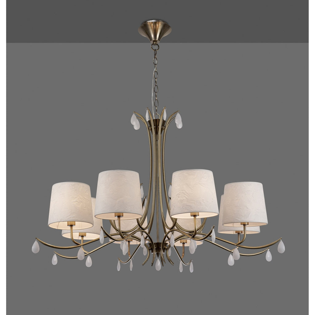 M6332 Andrea Pendant 100cm Round 8 Light Antique Brass White Shades White Crystal Droplets