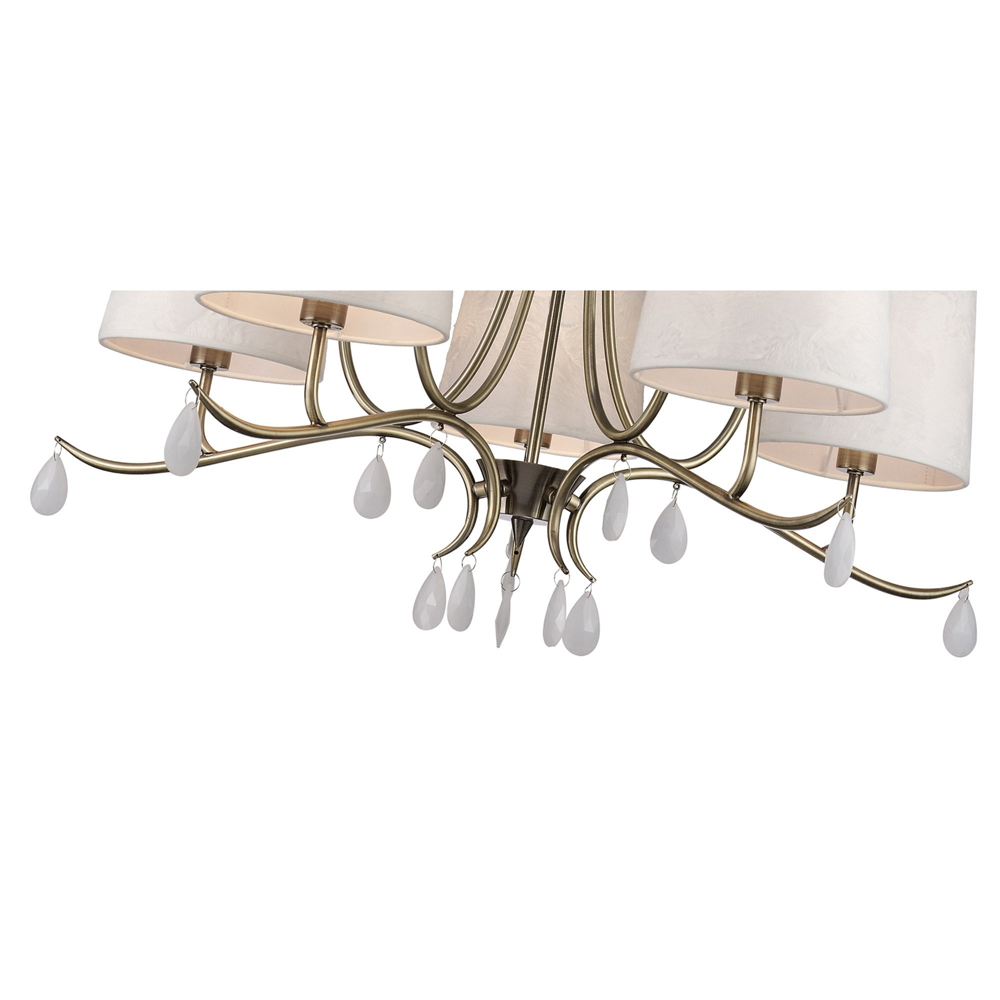 M6334 Andrea Pendant 81.5cm Round 5 Light Antique Brass White Shades White Crystal Droplets