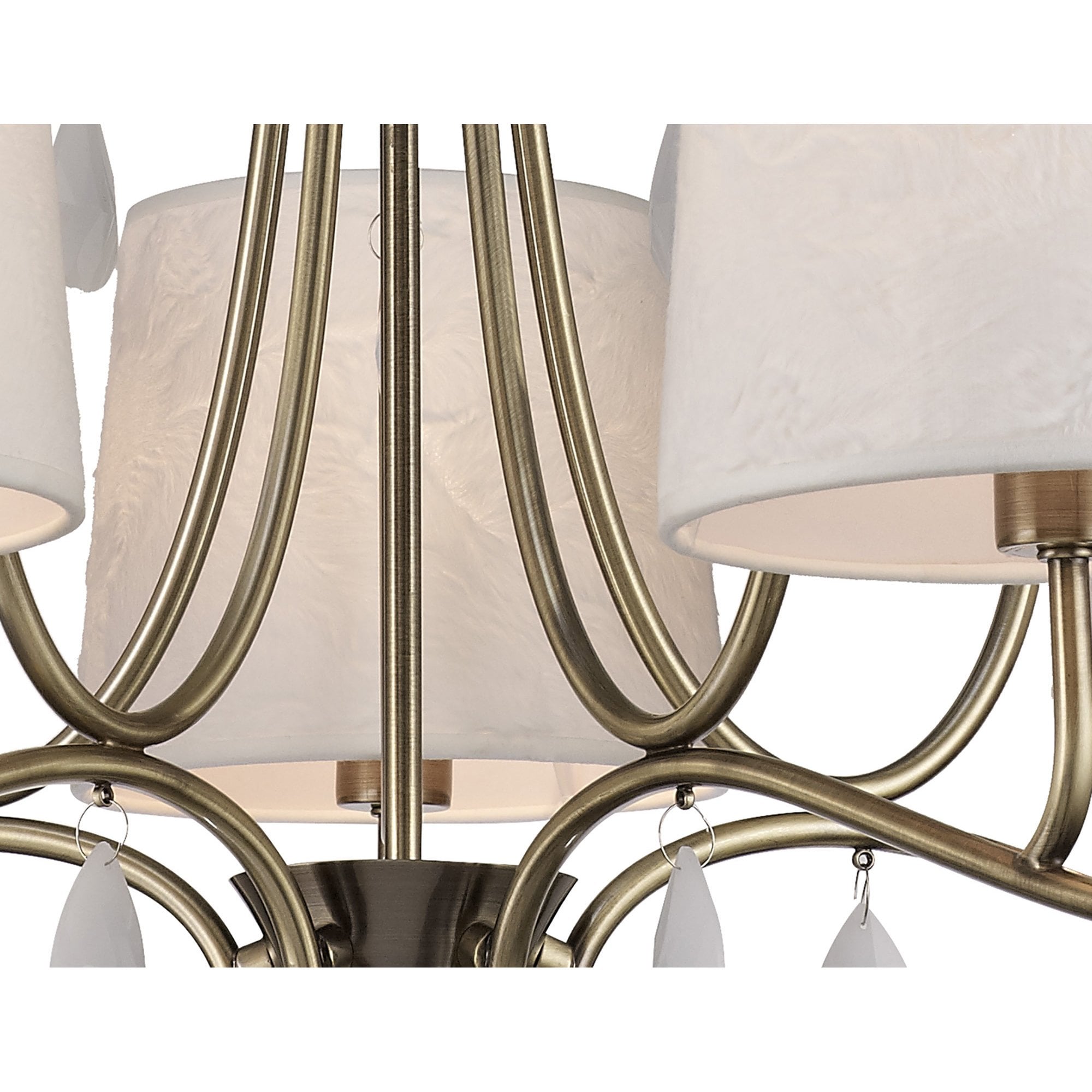 M6334 Andrea Pendant 81.5cm Round 5 Light Antique Brass White Shades White Crystal Droplets