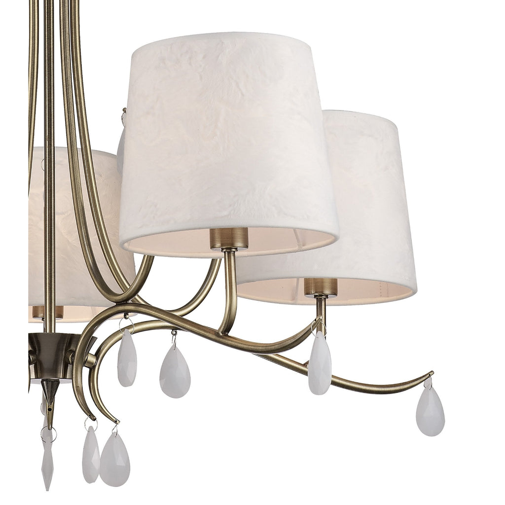 M6334 Andrea Pendant 81.5cm Round 5 Light Antique Brass White Shades White Crystal Droplets