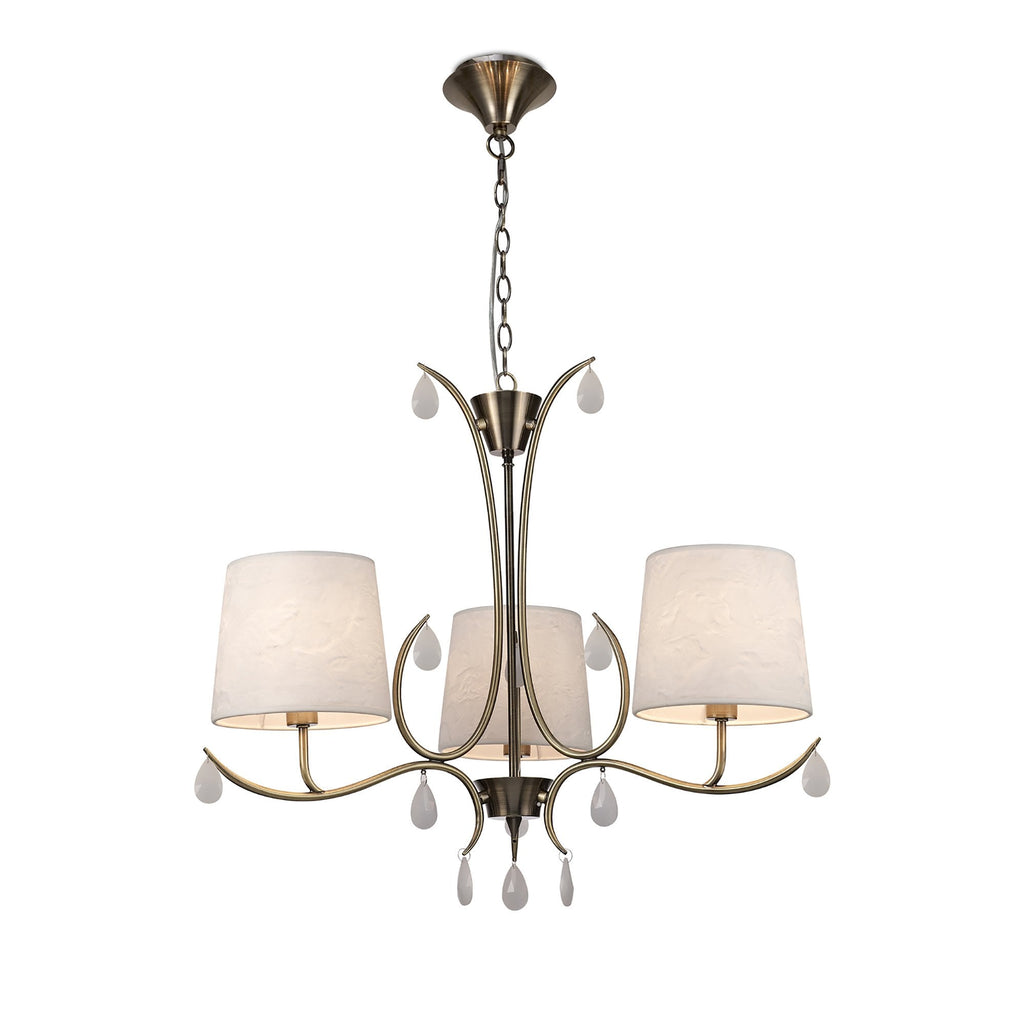 M6335 Andrea Pendant 67cm Round 5 Light Antique Brass White Shades White Crystal Droplets