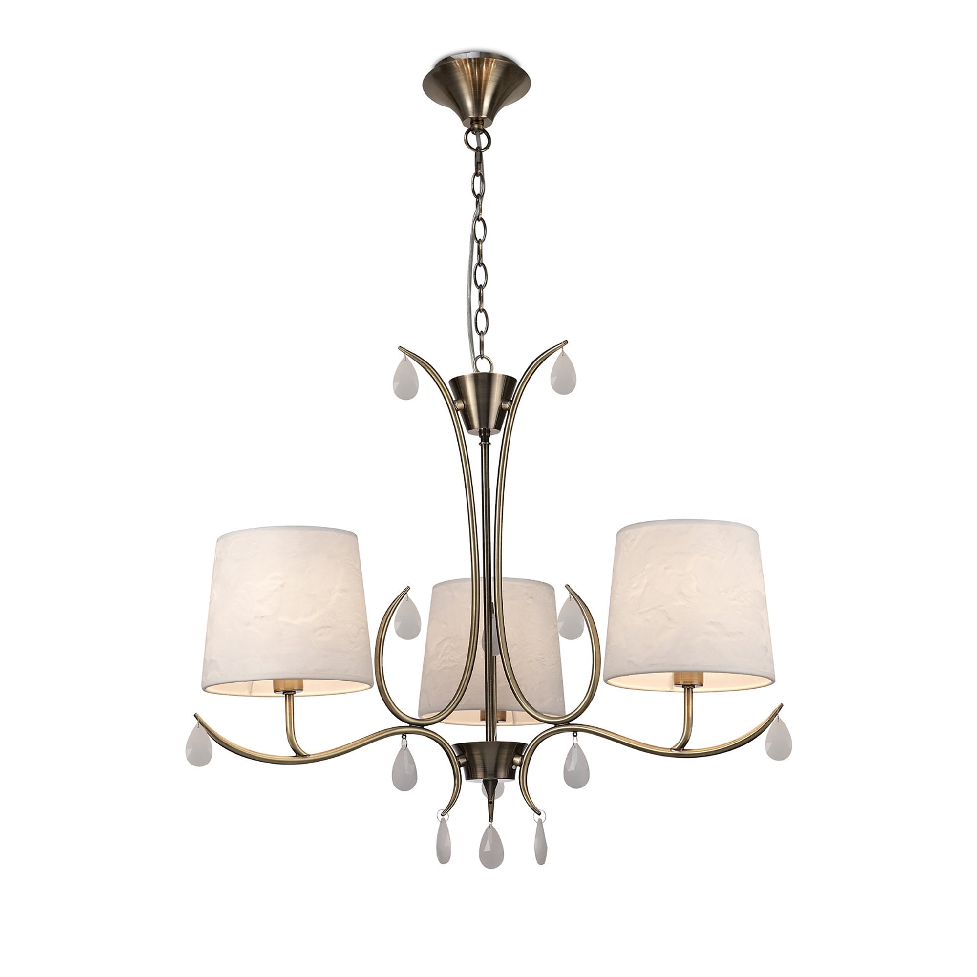 M6335 Andrea Pendant 67cm Round 5 Light Antique Brass White Shades White Crystal Droplets