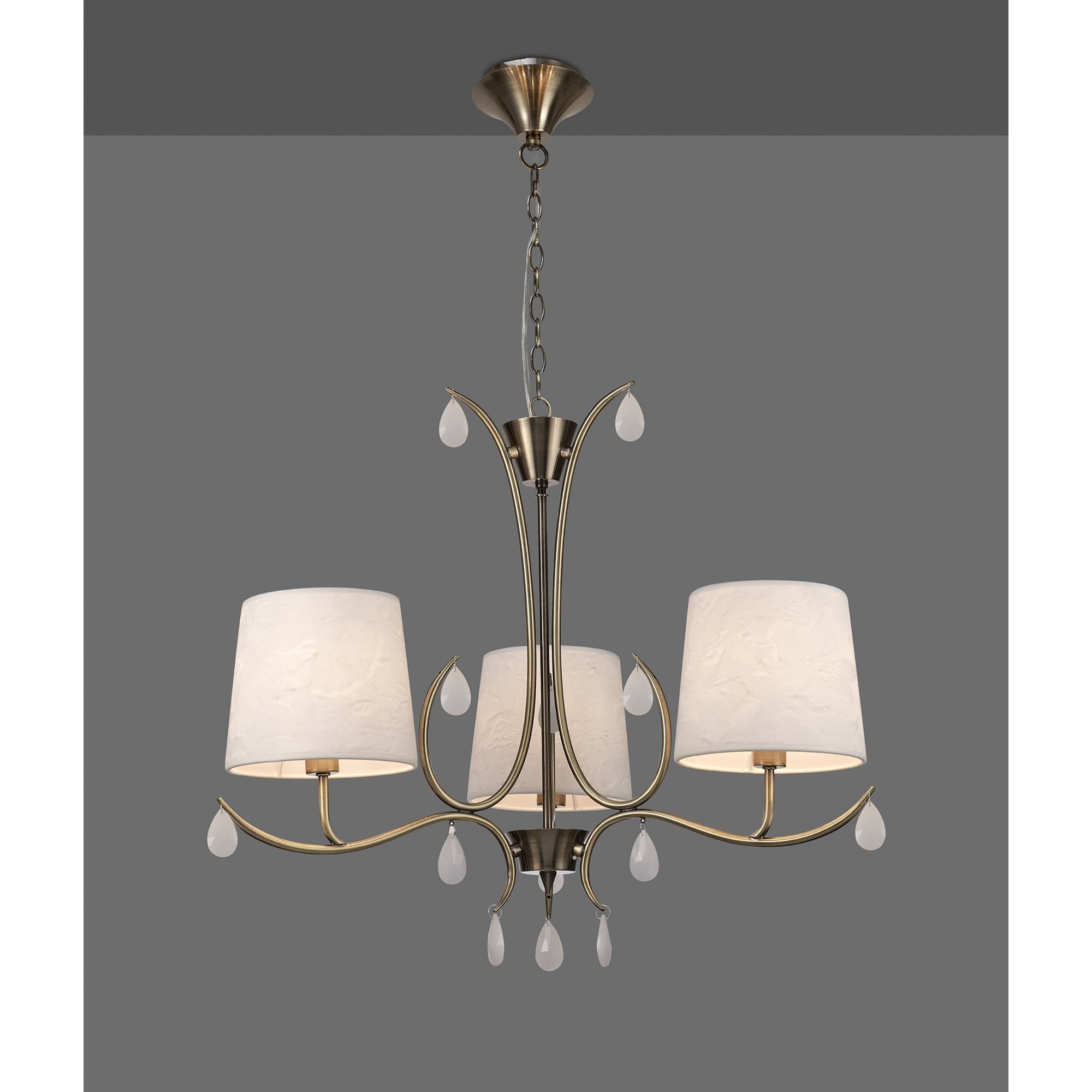 M6335 Andrea Pendant 67cm Round 5 Light Antique Brass White Shades White Crystal Droplets
