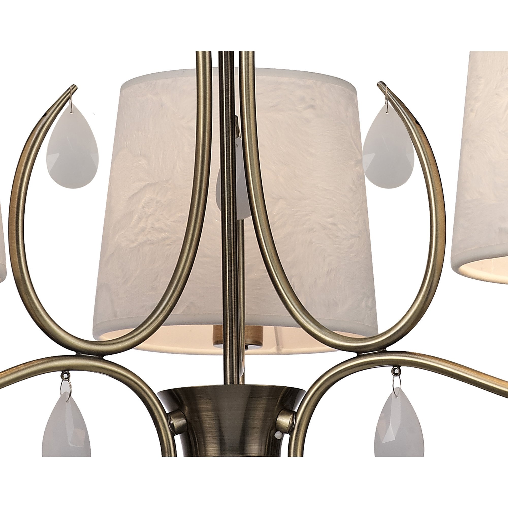 M6335 Andrea Pendant 67cm Round 5 Light Antique Brass White Shades White Crystal Droplets