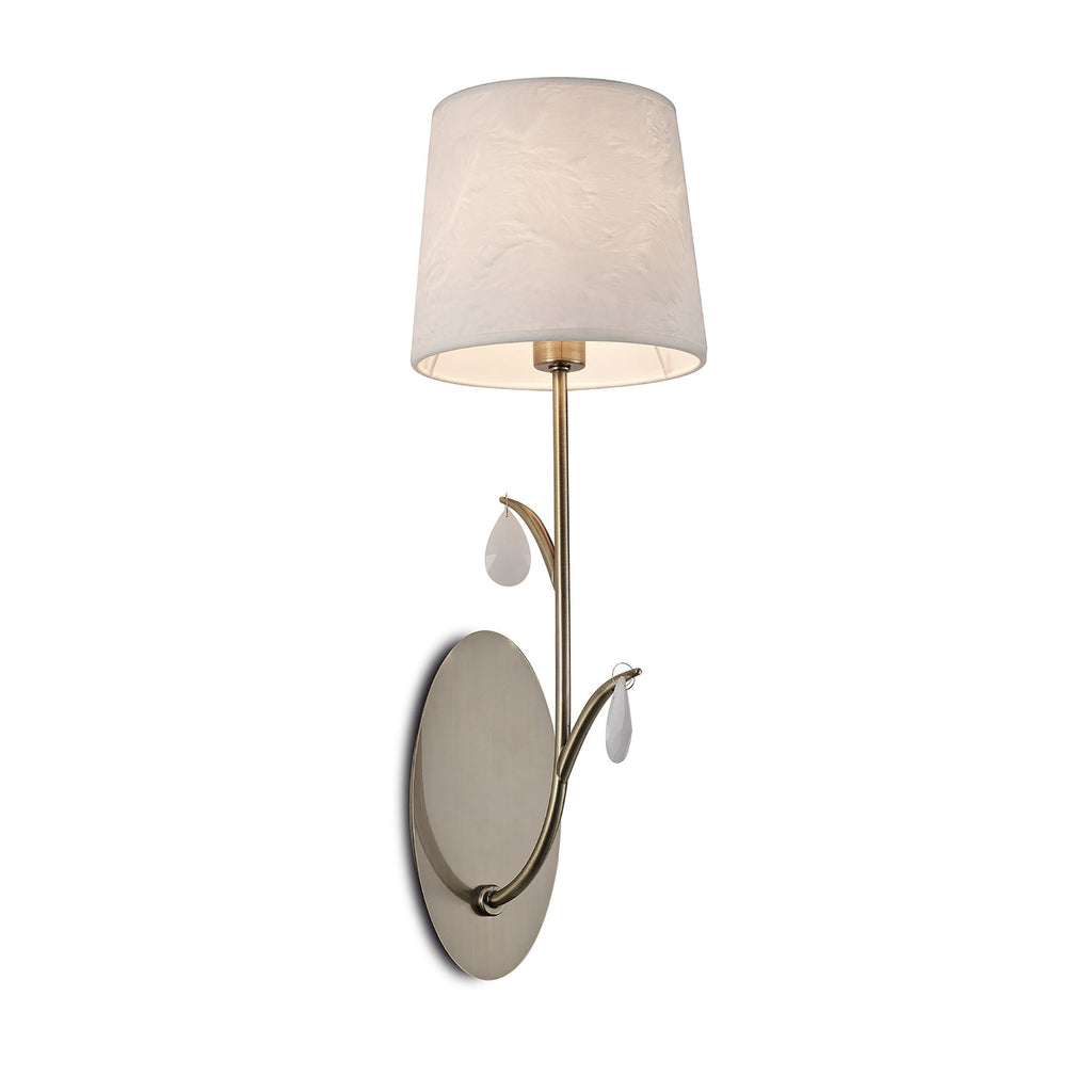 M6337 Andrea Wall Light 1 Light Antique Brass White Shades White Crystal Droplets
