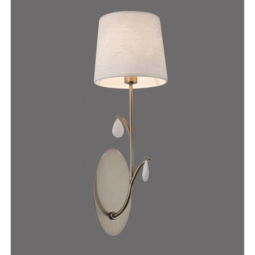 M6337 Andrea Wall Light 1 Light Antique Brass White Shades White Crystal Droplets