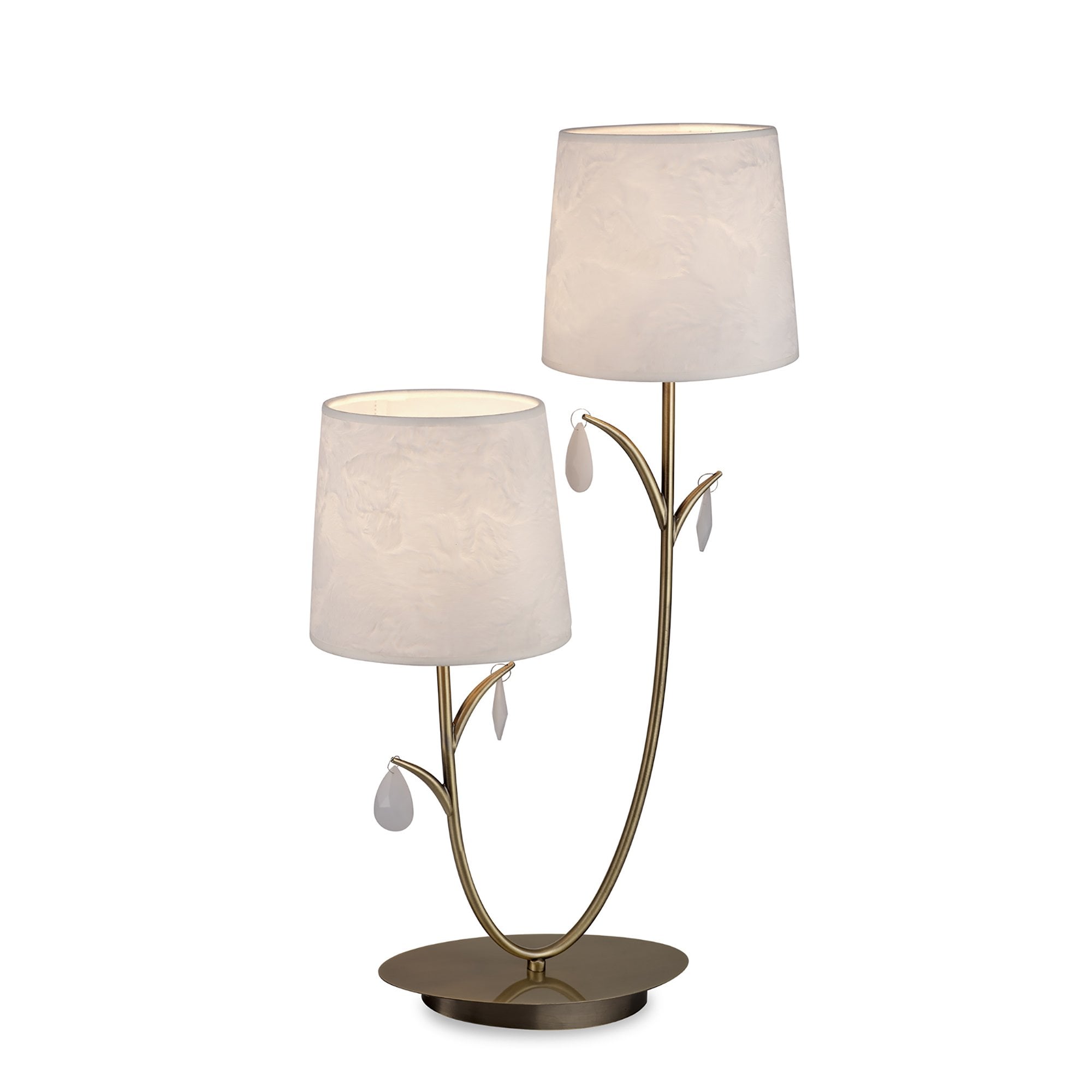 M6338 Andrea Table Lamp 63cm 2 Light Antique Brass White Shades White Crystal Droplets