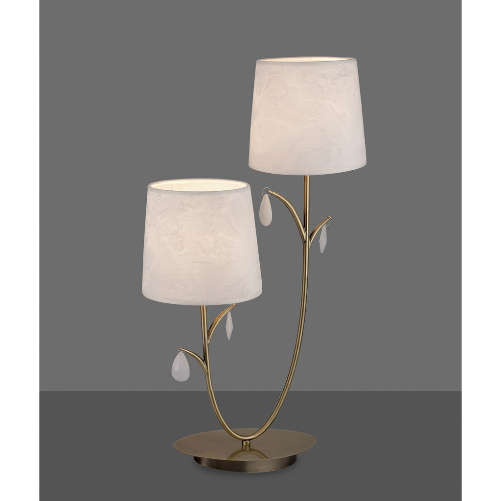 M6338 Andrea Table Lamp 63cm 2 Light Antique Brass White Shades White Crystal Droplets