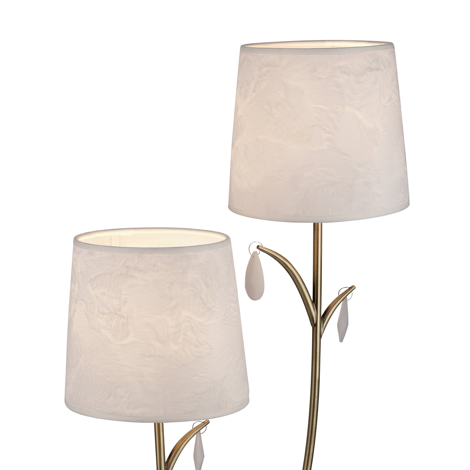 M6338 Andrea Table Lamp 63cm 2 Light Antique Brass White Shades White Crystal Droplets