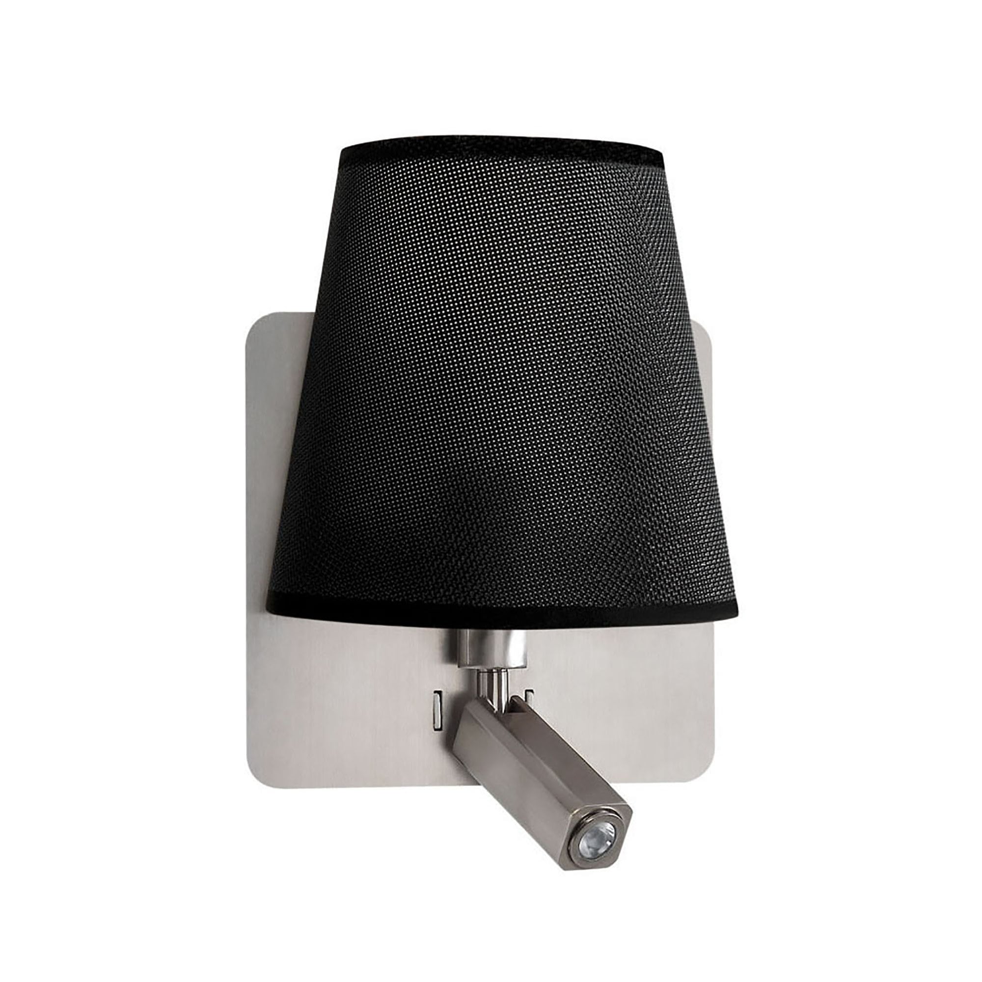 M5231 Bahia Wall Lamp Large Back Plate 1 Light E27 + Reading Light 3W LED Black Shade Satin Nickel