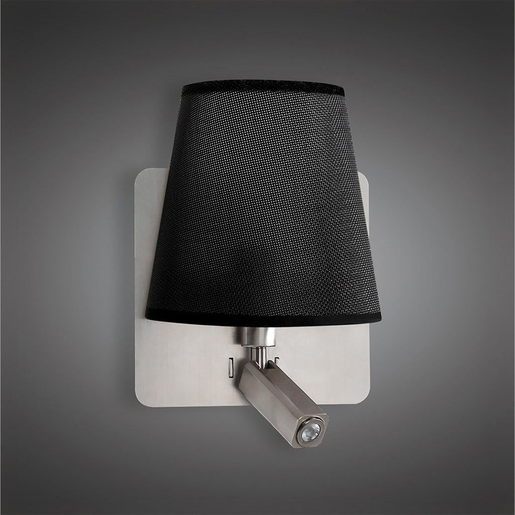 M5231 Bahia Wall Lamp Large Back Plate 1 Light E27 + Reading Light 3W LED Black Shade Satin Nickel