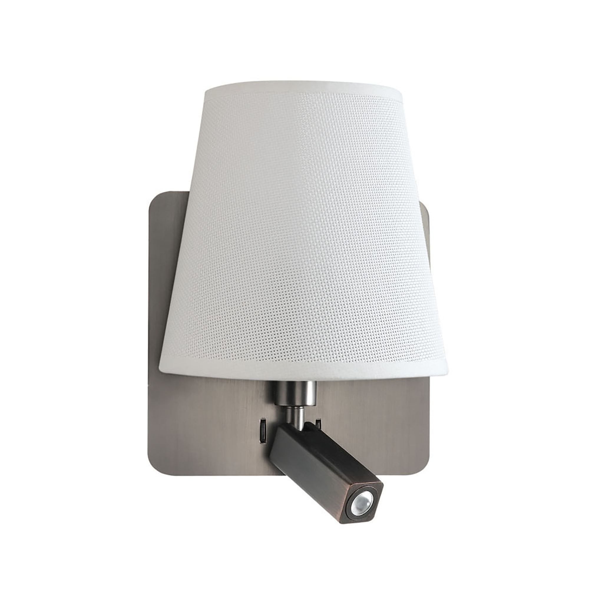 M5232 Bahia Wall Lamp Large Back Plate 1 Light E27 + Reading Light 3W LED White Shade Satin Nickel