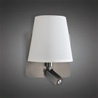 M5232 Bahia Wall Lamp Large Back Plate 1 Light E27 + Reading Light 3W LED White Shade Satin Nickel
