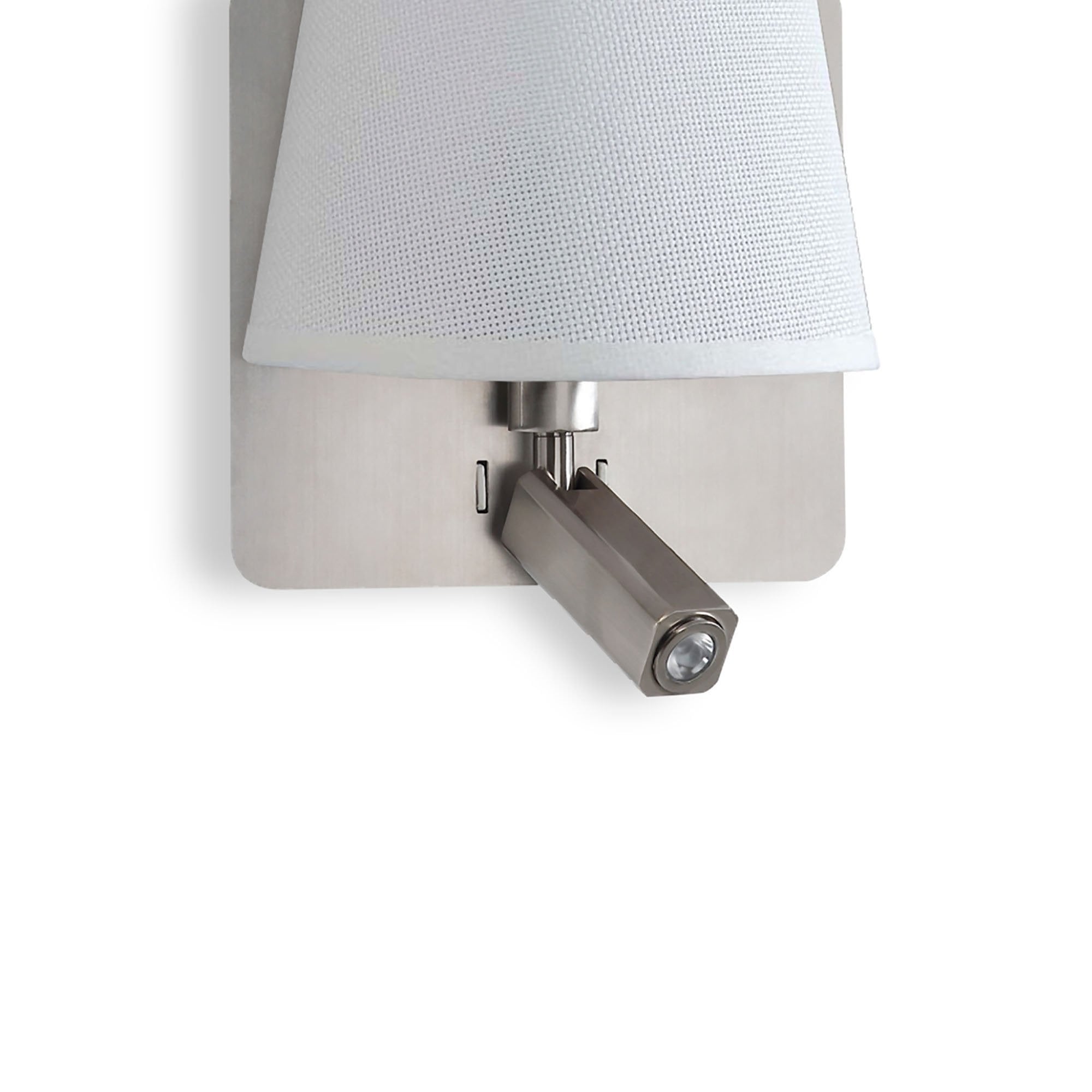 M5232 Bahia Wall Lamp Large Back Plate 1 Light E27 + Reading Light 3W LED White Shade Satin Nickel