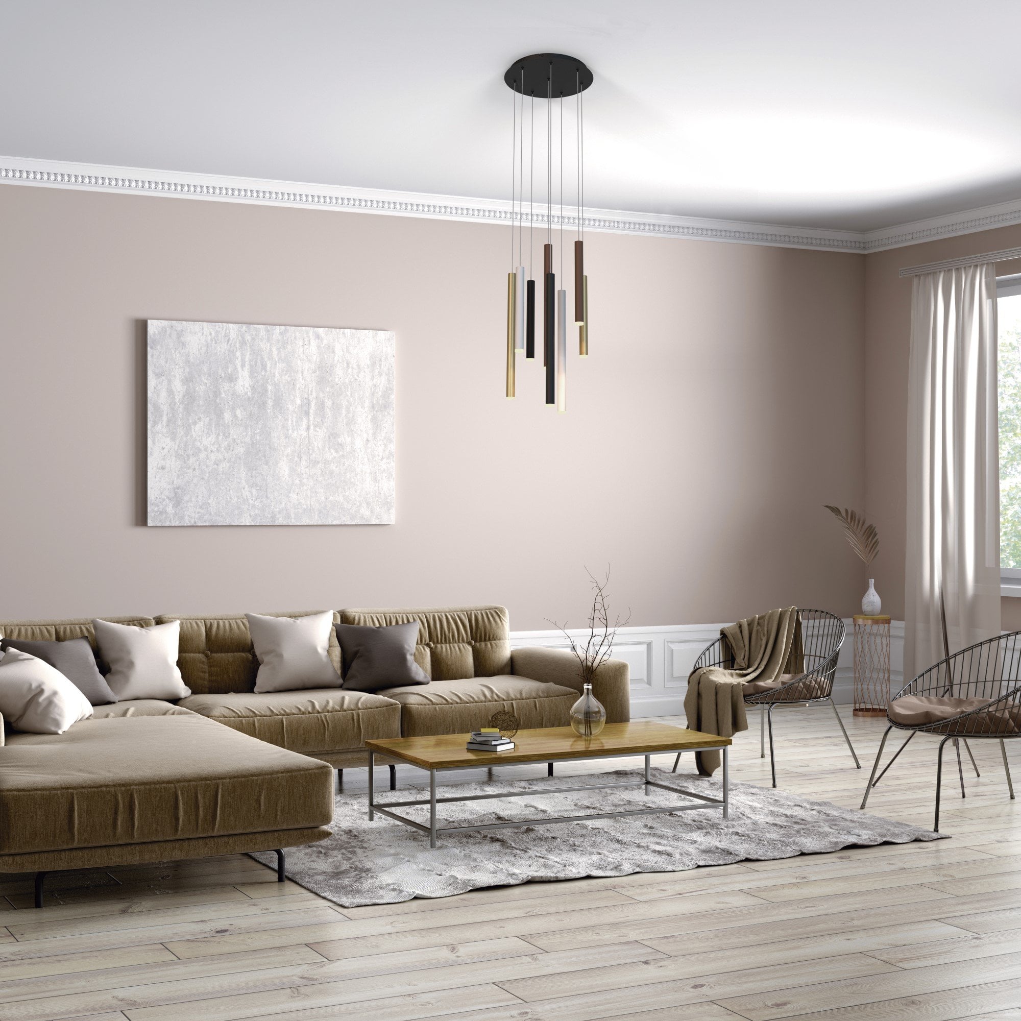 M8082 Cala Round 8 Light Pendant 48W LED Sand White/Sand Black/Gold/Rust Brown